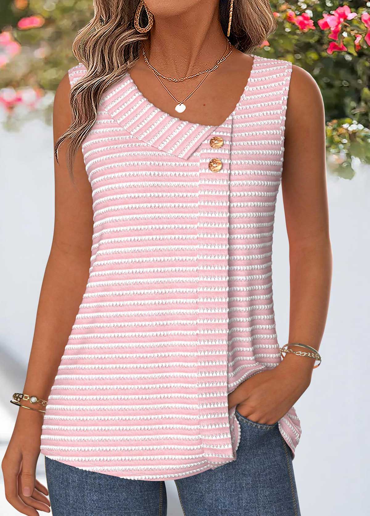 Pink Tummy Coverage Sleeveless Asymmetrical Neck Tank Top | picture 