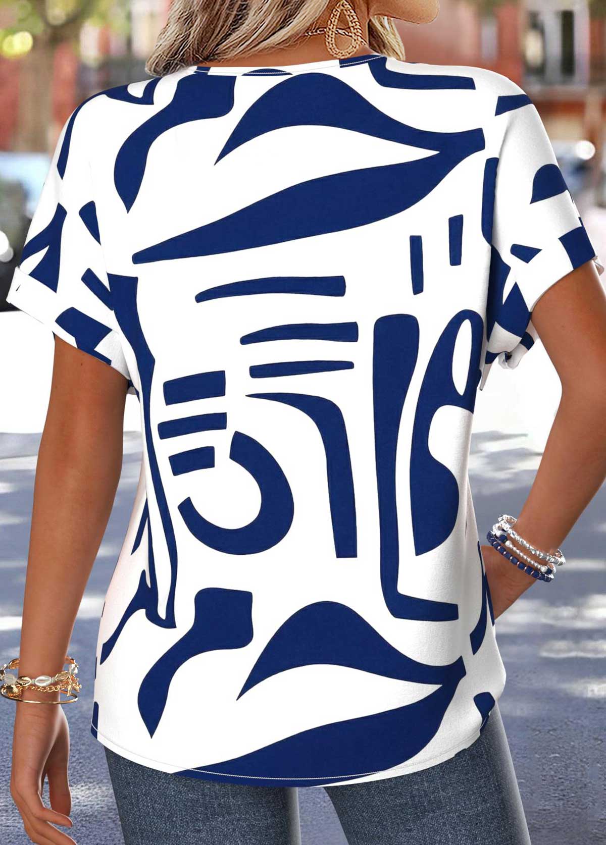 Navy Geometric Print Tummy Coverage Short Sleeve T Shirt | picture 