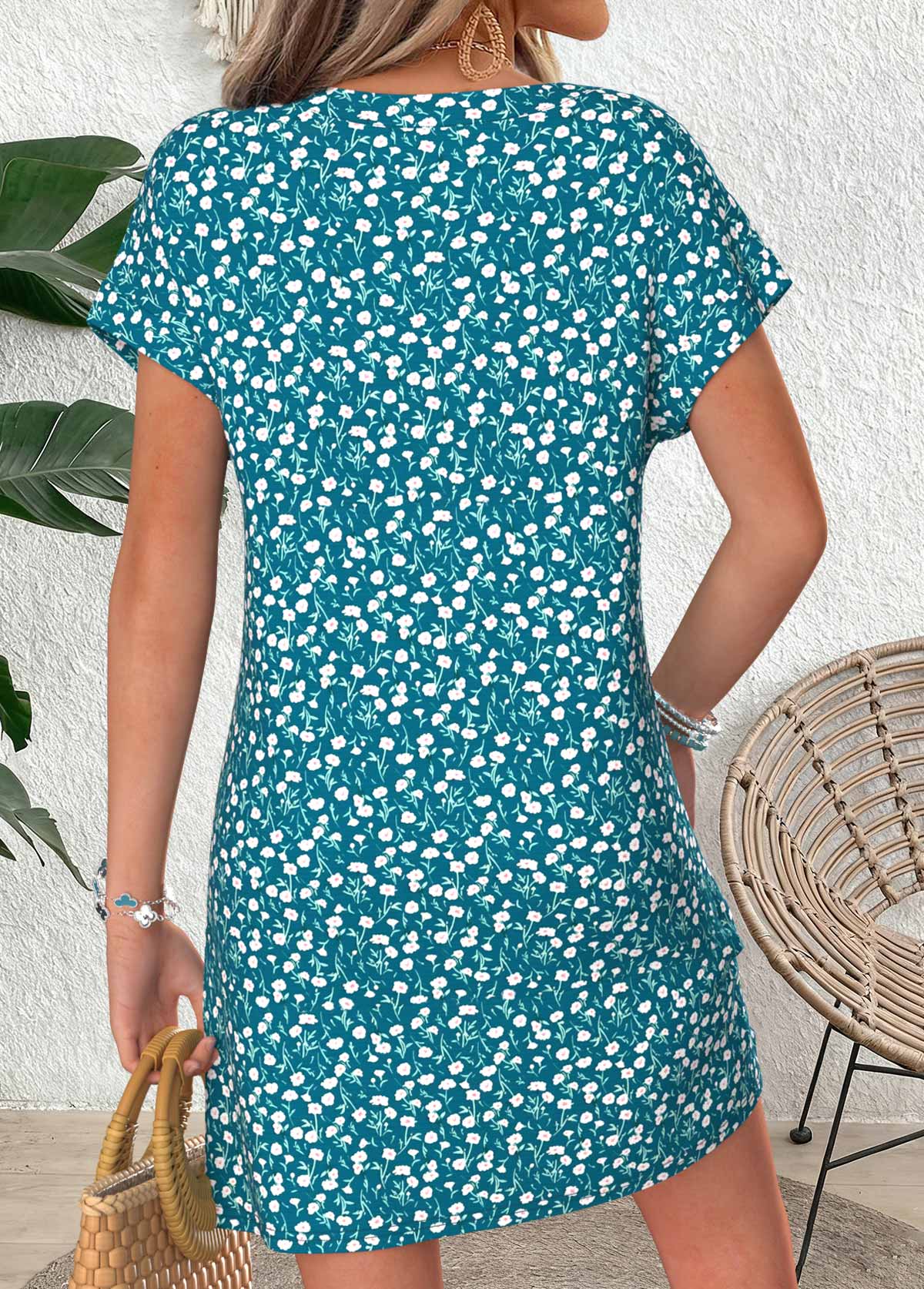 Turquoise Ditsy Floral Print Short Patchwork Split Neck Dress | picture 