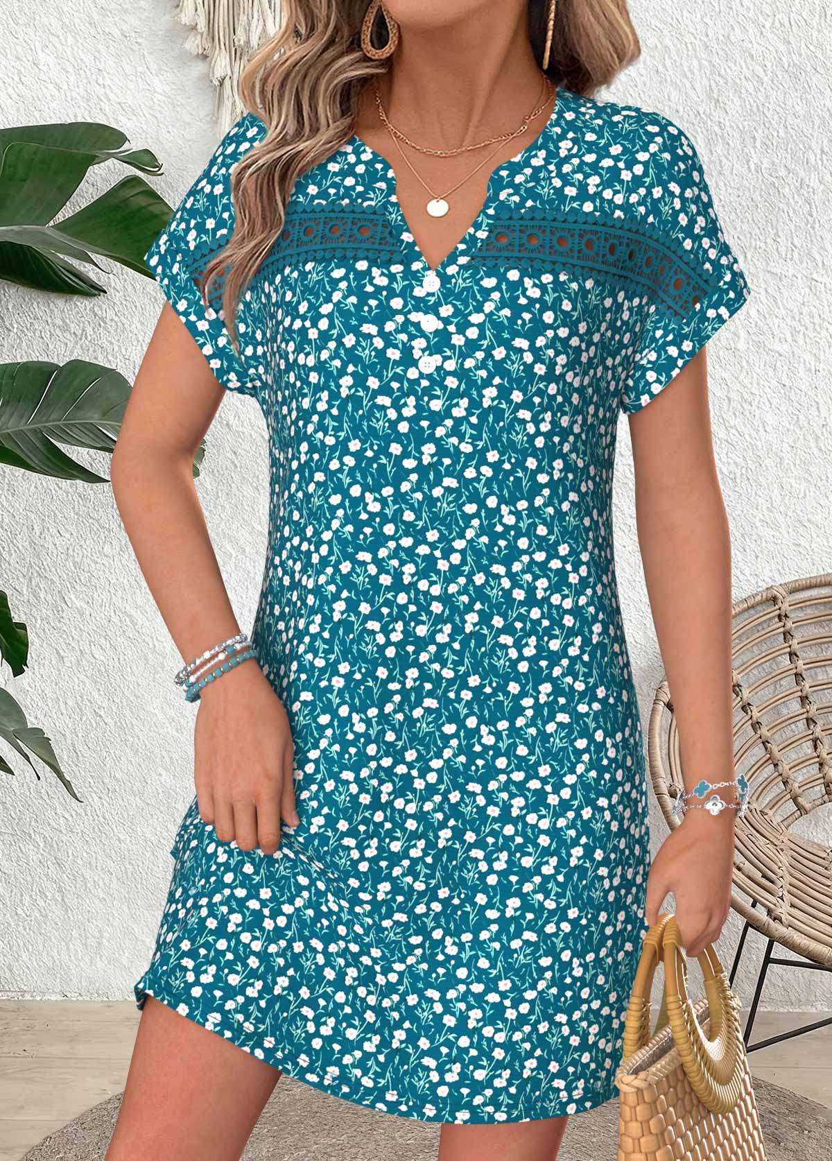 Turquoise Ditsy Floral Print Short Patchwork Split Neck Dress | picture 