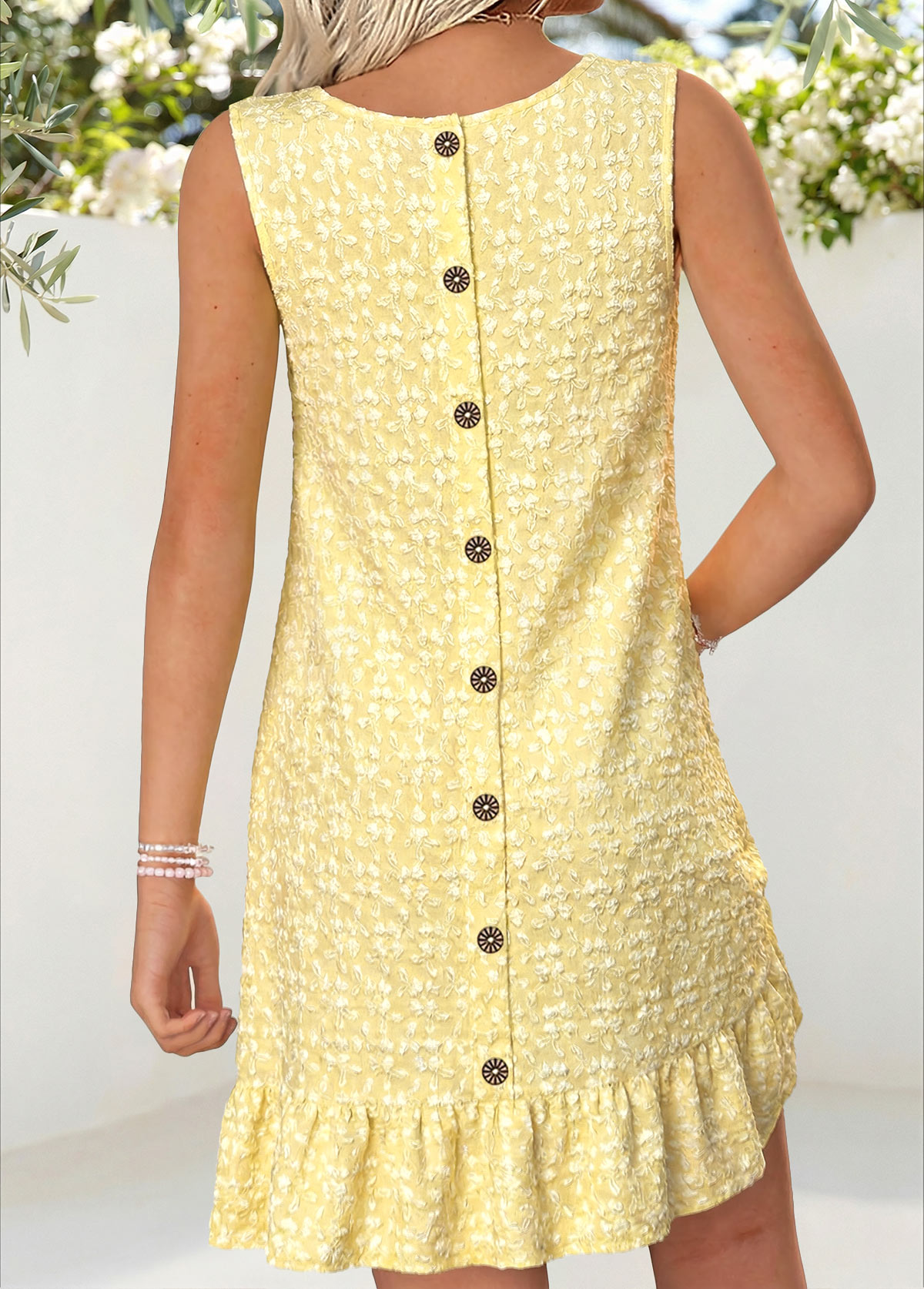 Light Yellow Floral Print Short Shirred Sleeveless Dress | picture 