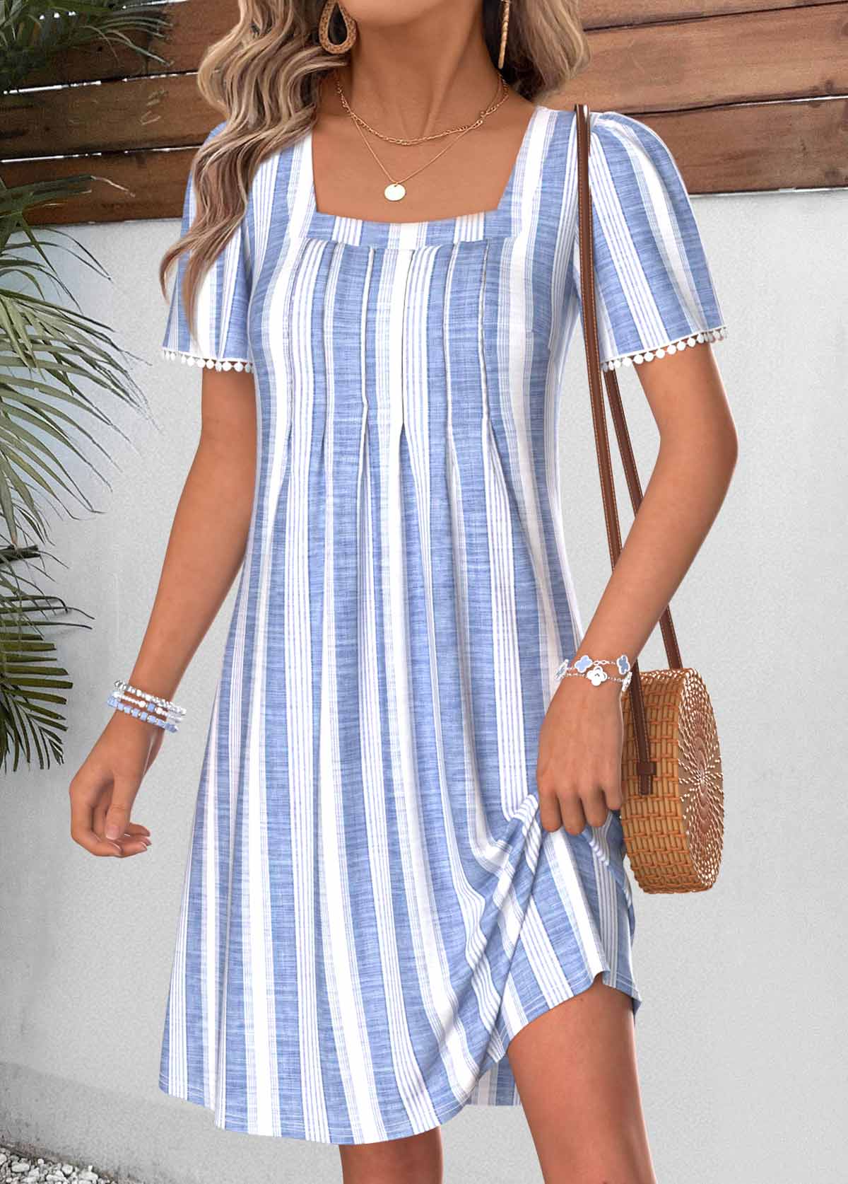 Light Blue Striped Short Tummy Coverage Square Neck Dress | picture 