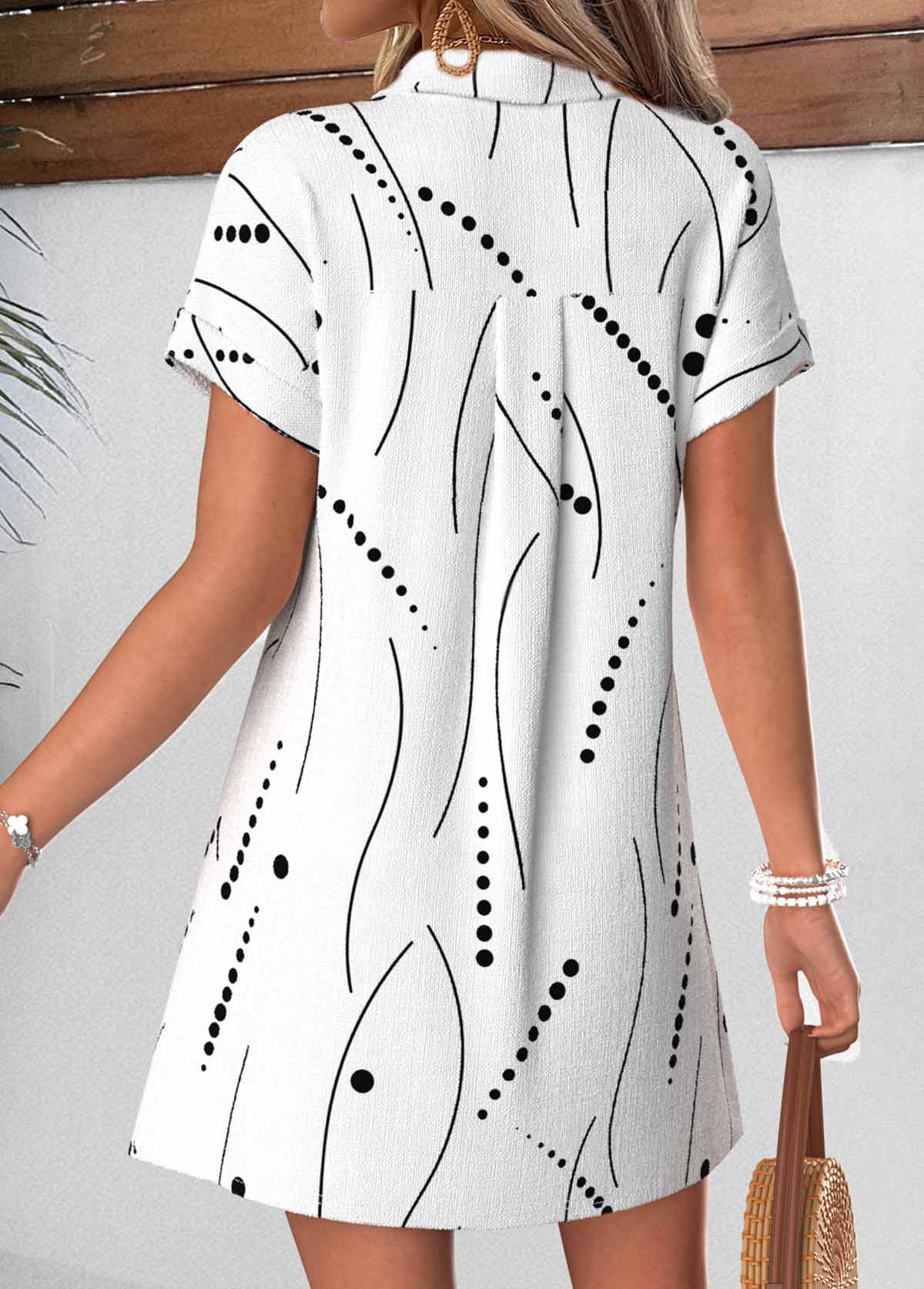 White Geometric Print Short Tummy Coverage Shirt Collar Dress | picture 