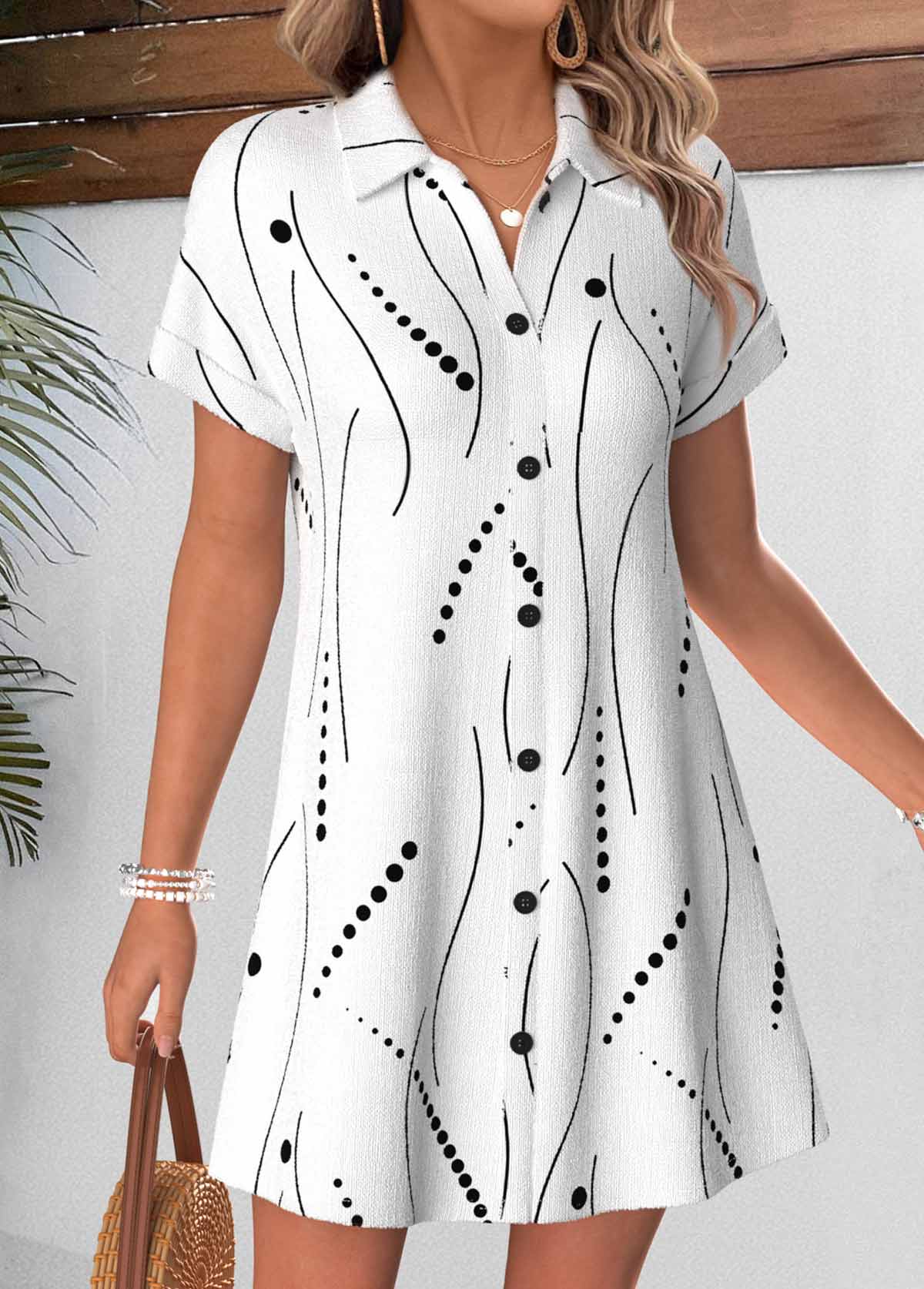 White Geometric Print Short Tummy Coverage Shirt Collar Dress | picture 