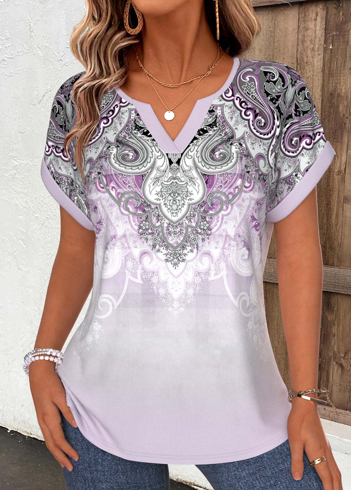 Purple Tribal Print Tummy Coverage Short Sleeve T Shirt | picture 