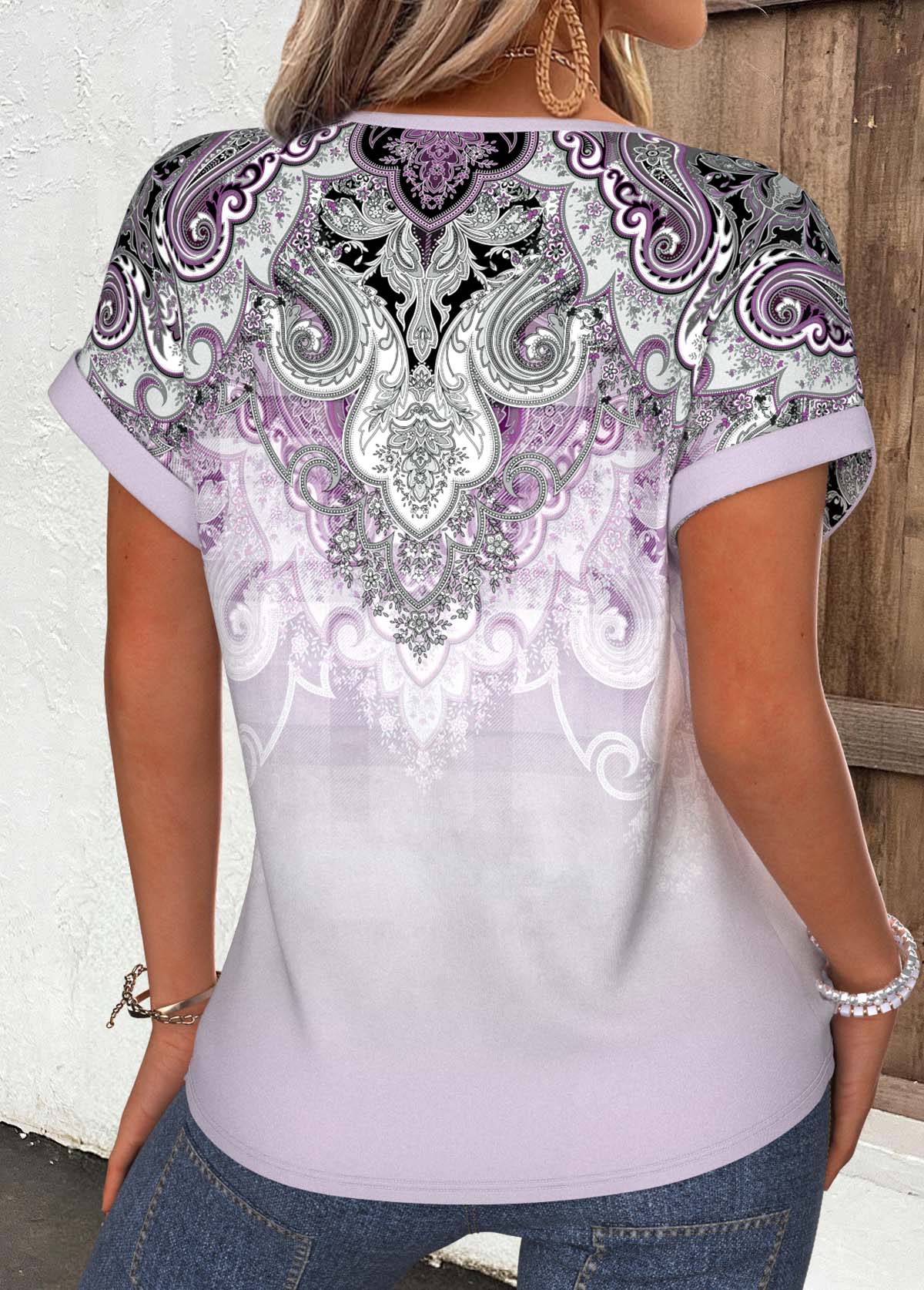 Purple Tribal Print Tummy Coverage Short Sleeve T Shirt | picture 