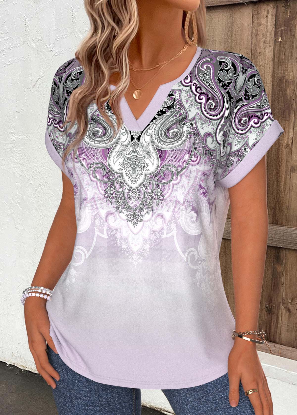 Purple Tribal Print Tummy Coverage Short Sleeve T Shirt | picture 