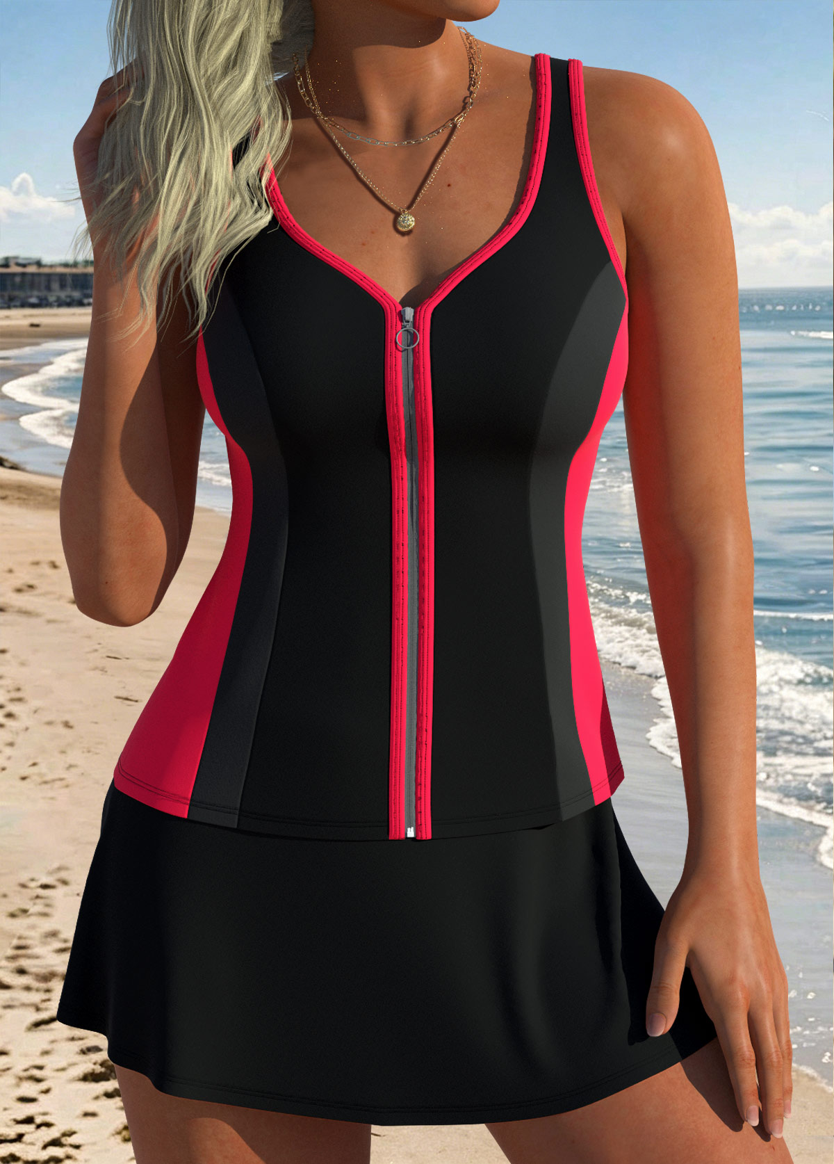 Black Mid Waisted Patchwork Tankini Set | picture 