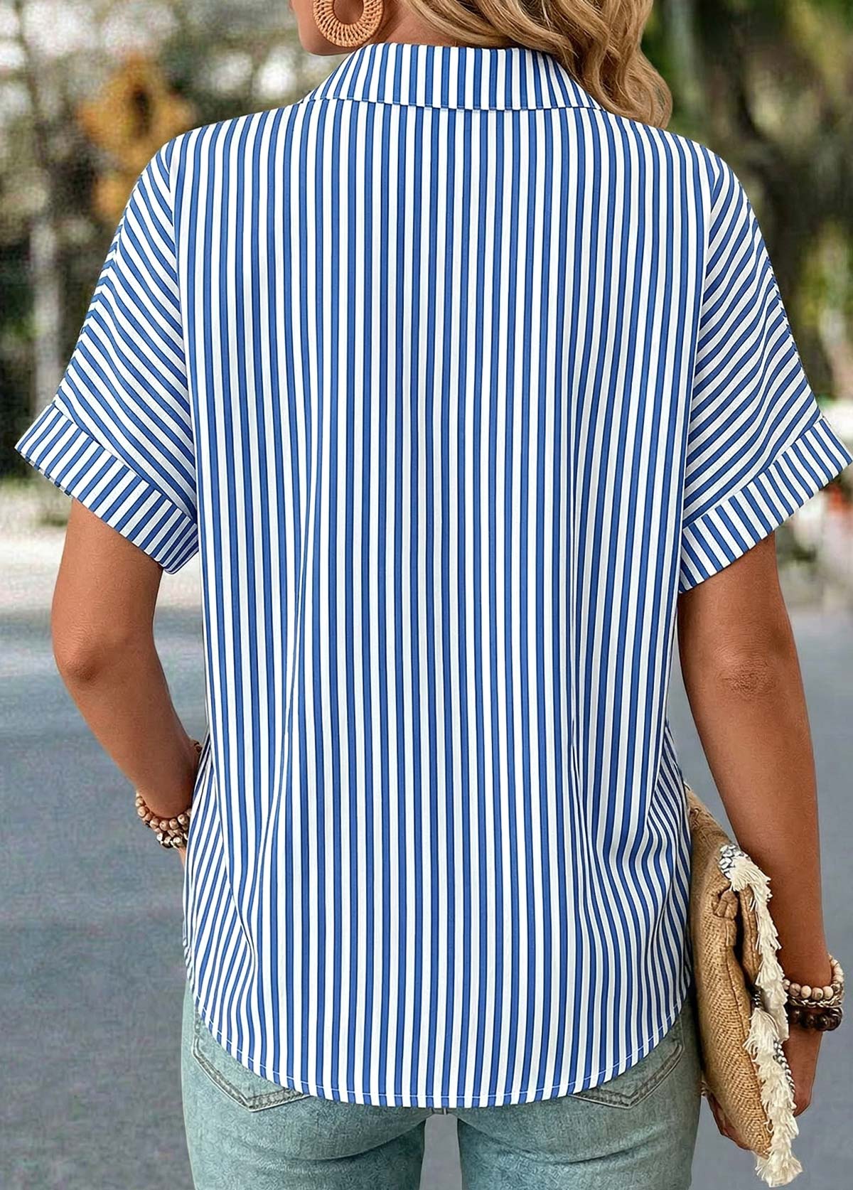 Blue Striped Patchwork Half Sleeve Shirt | picture 