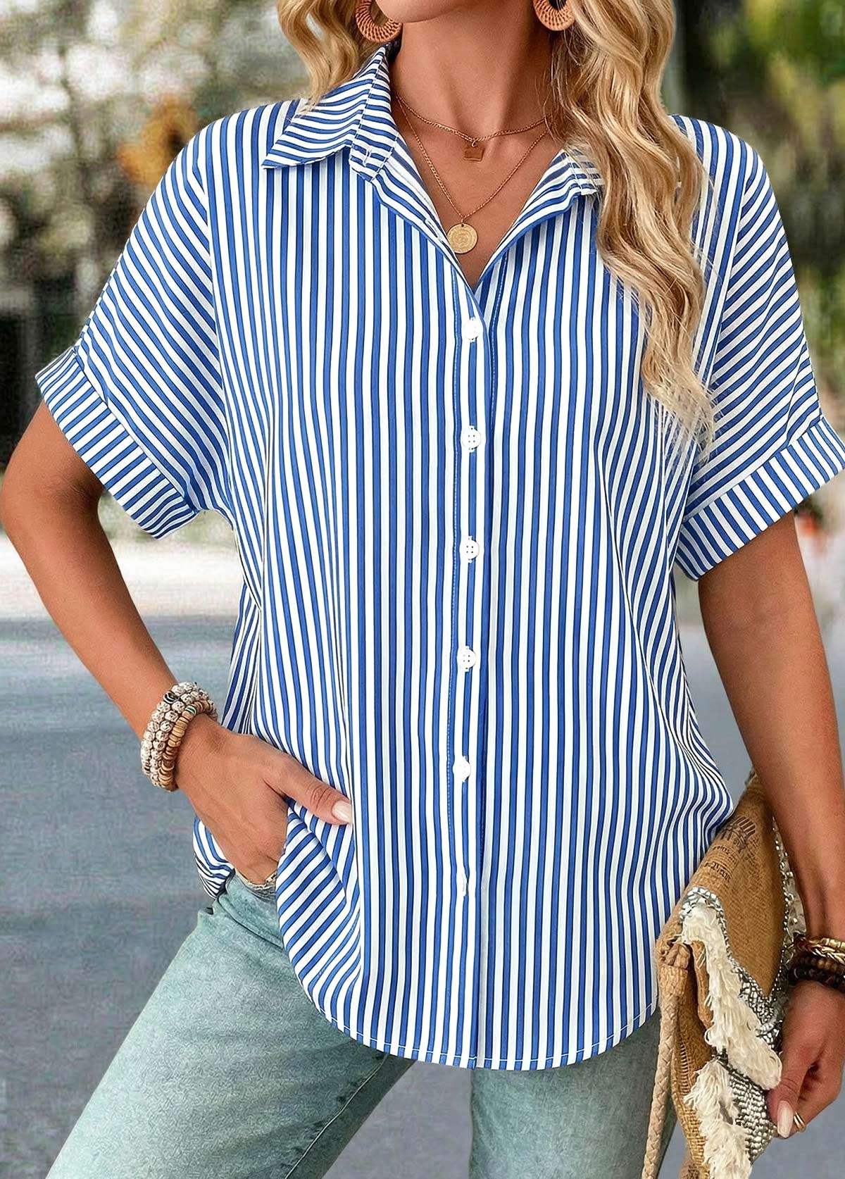 Blue Striped Patchwork Half Sleeve Shirt | picture 