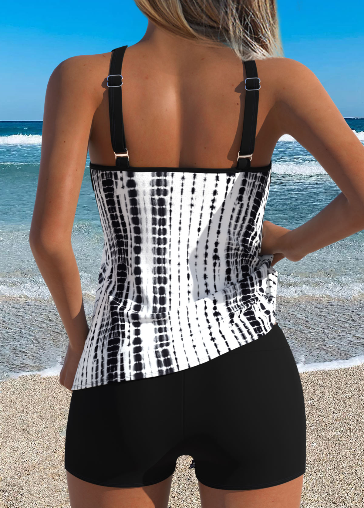 Black Patchwork Tie Dye Print Tankini Top-No Bottom | picture 