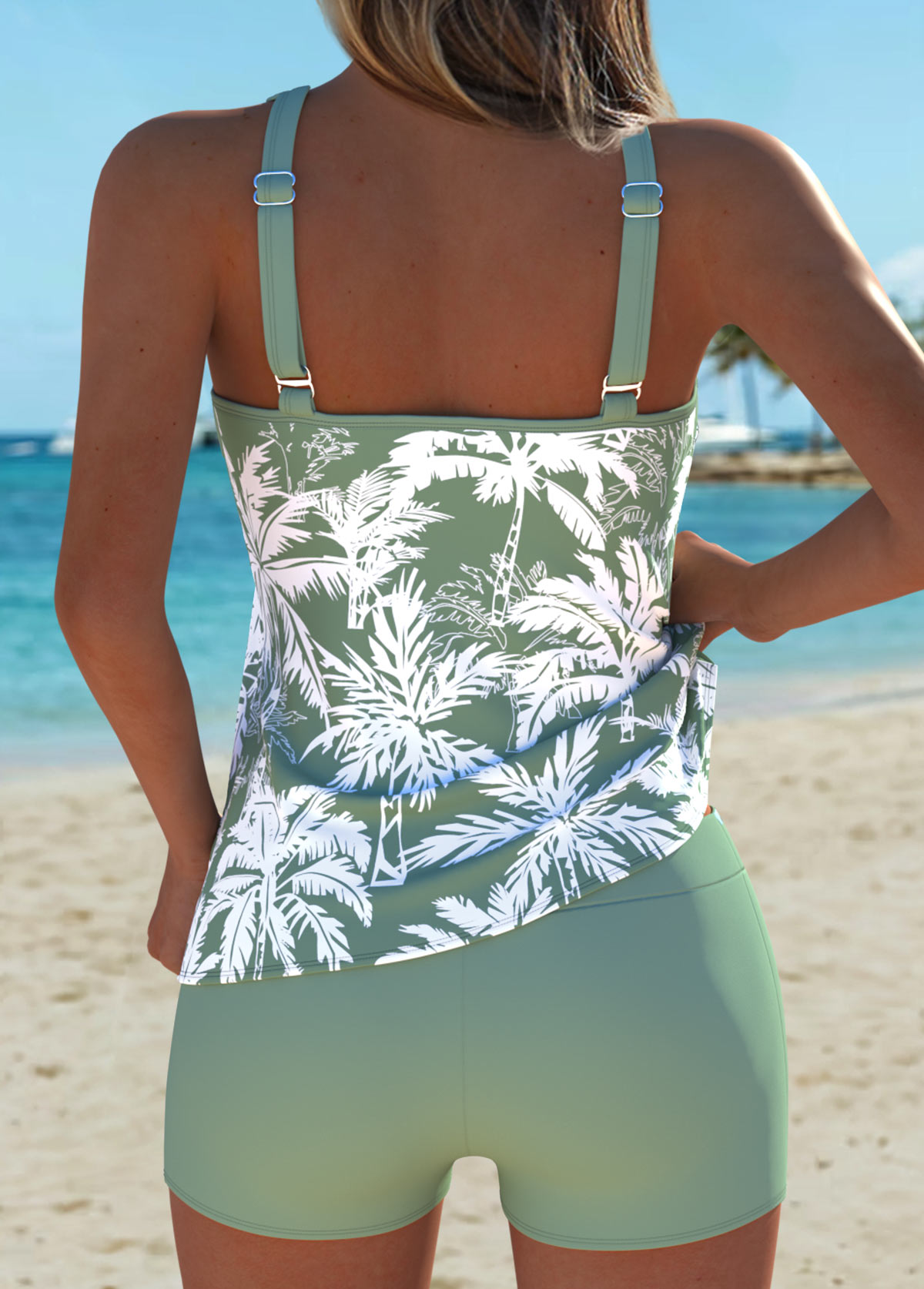 Sage Green Mid Waisted Patchwork Tankini Set | picture 