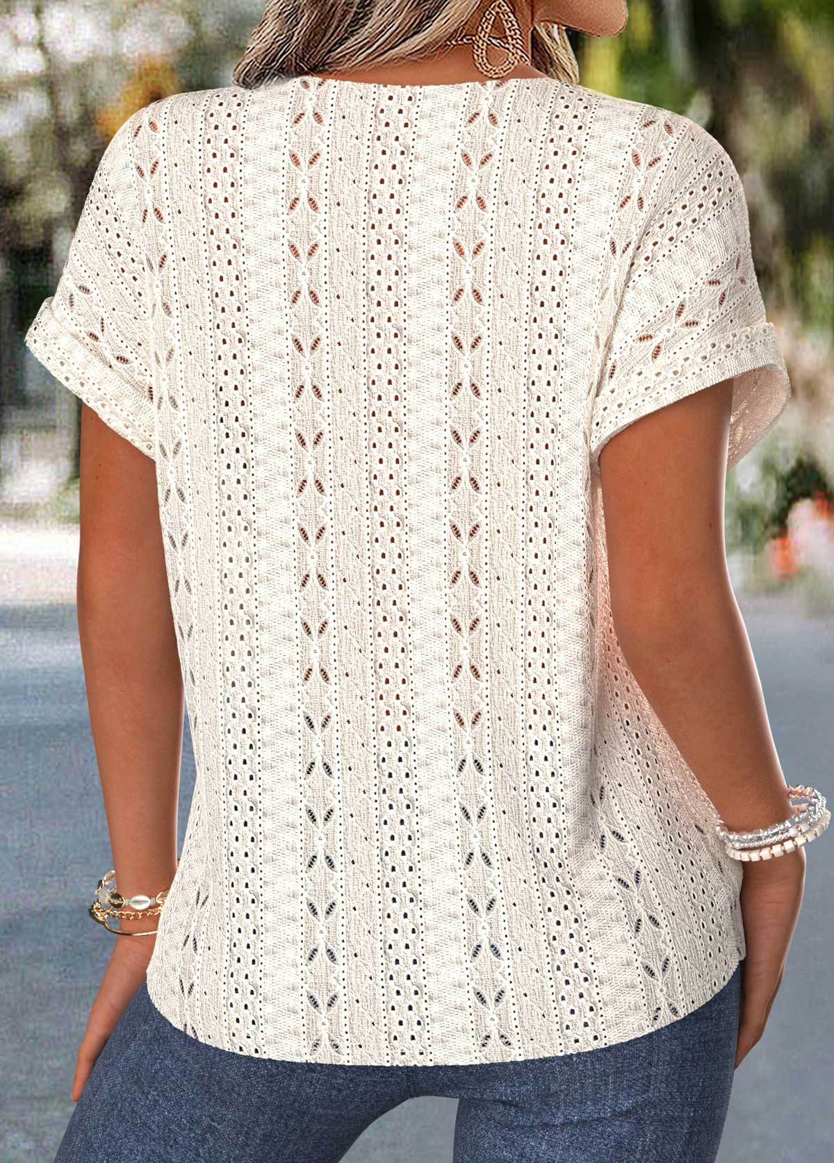 Beige Tummy Coverage Short Sleeve Round Neck Blouse | picture 