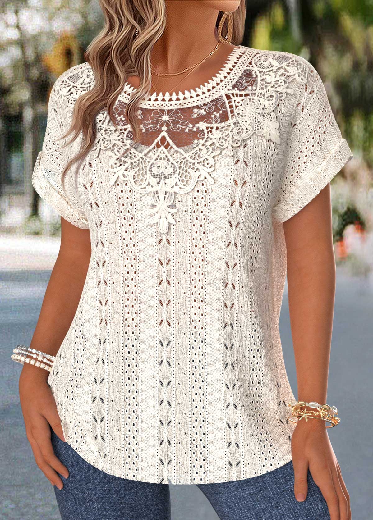 Beige Tummy Coverage Short Sleeve Round Neck Blouse | picture 