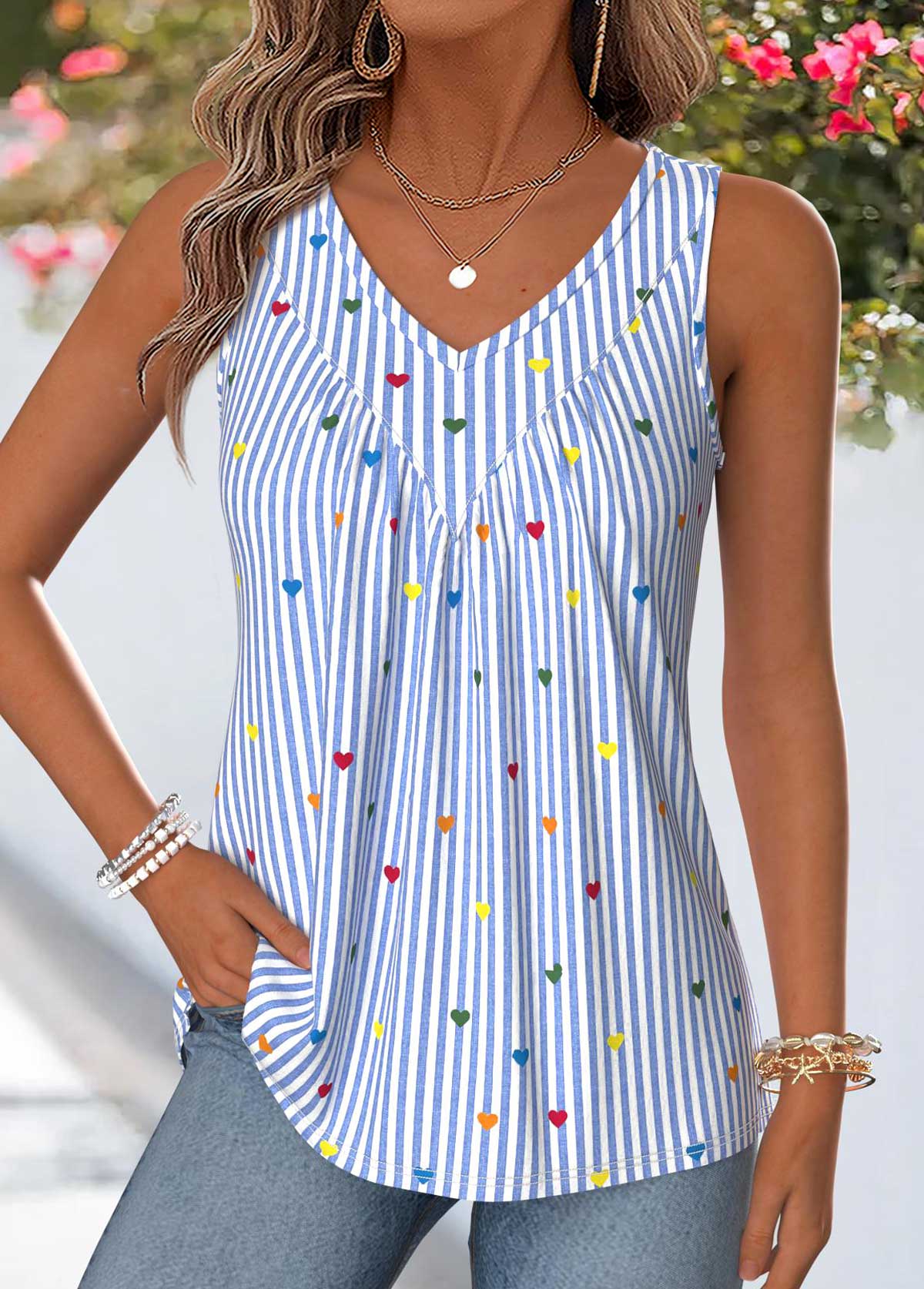 Blue Striped Patchwork Sleeveless V Neck Tank Top | picture 