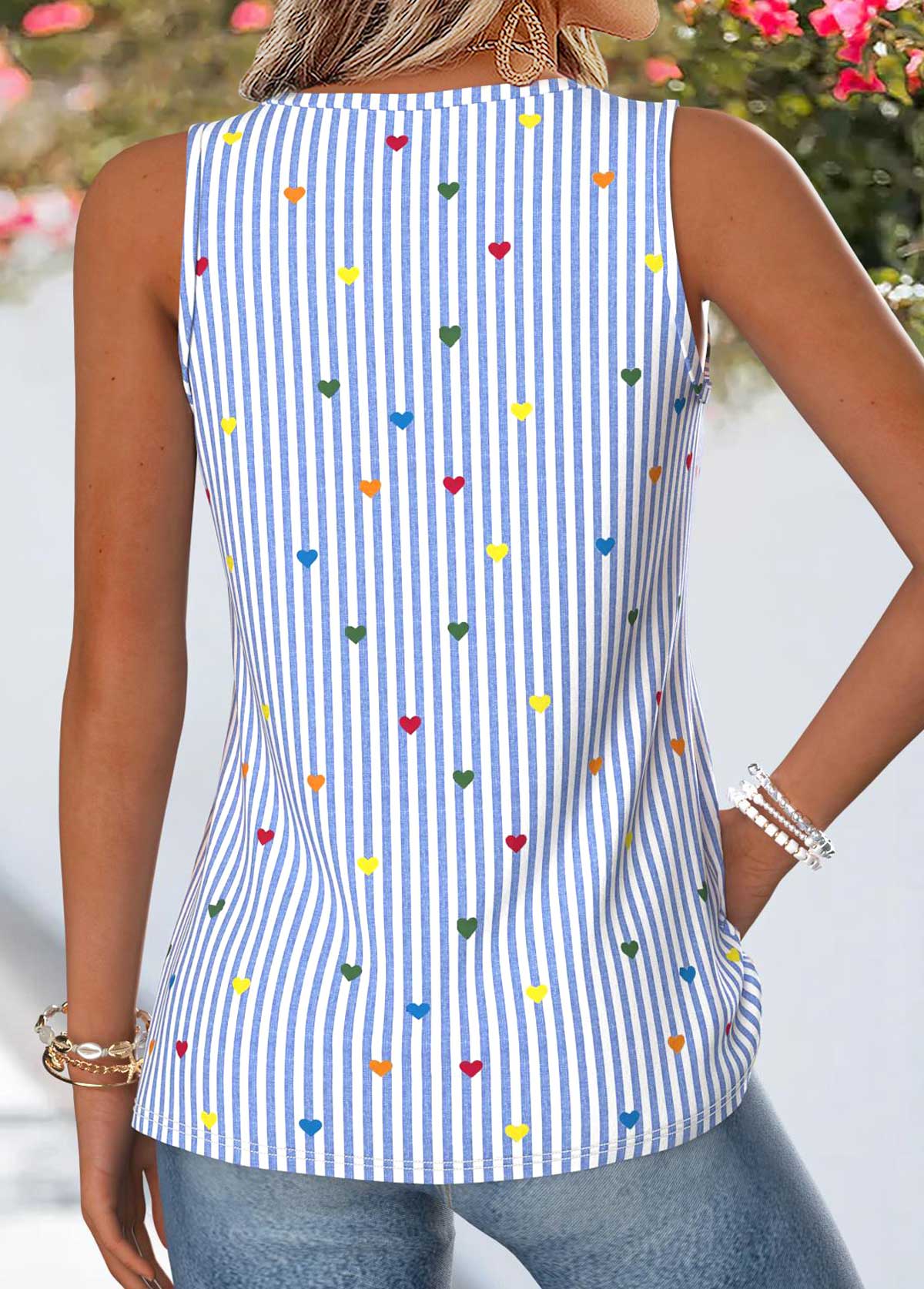 Blue Striped Patchwork Sleeveless V Neck Tank Top | picture 