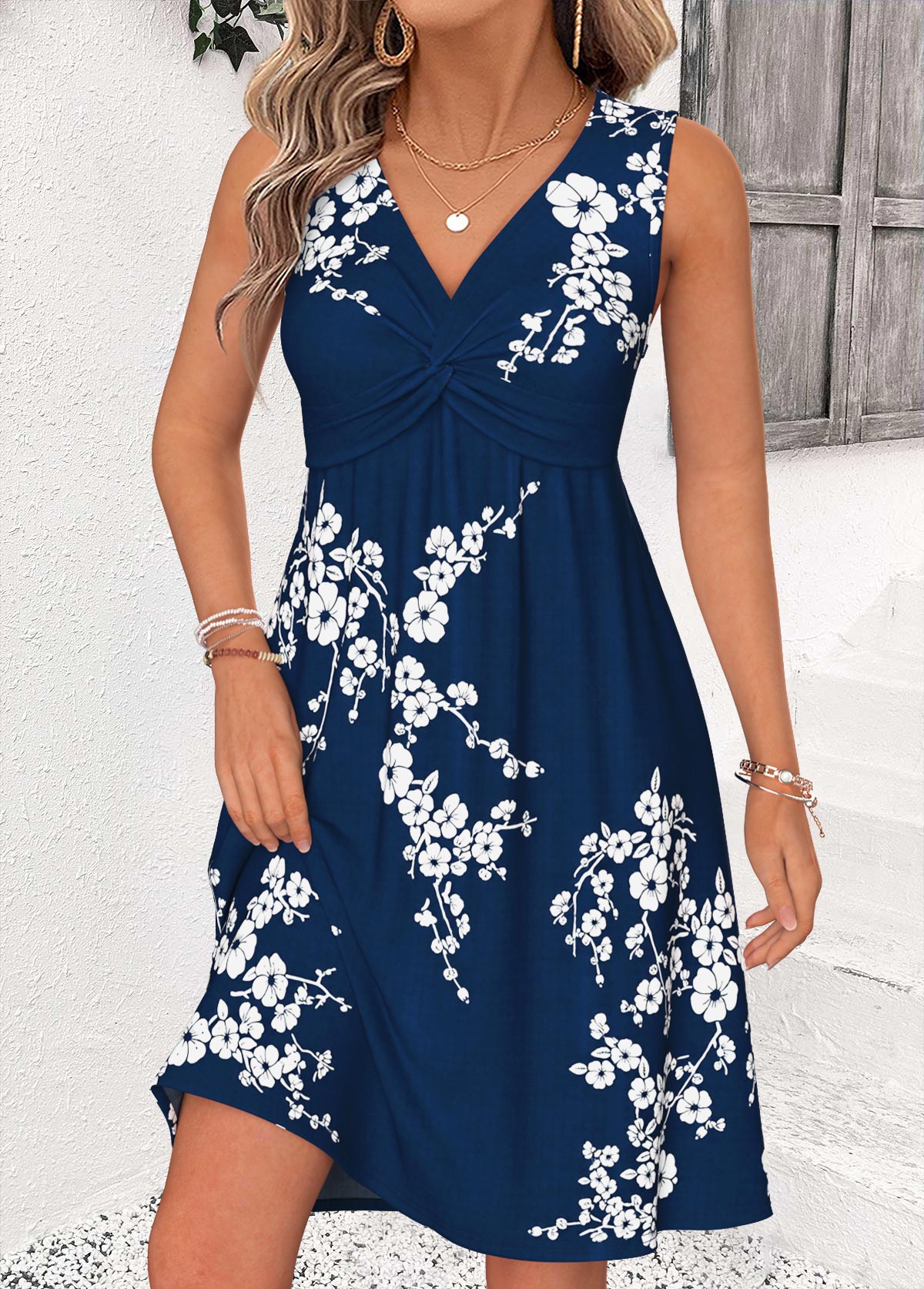 Navy Floral Print Short Shirred Sleeveless V Neck Dress | picture 