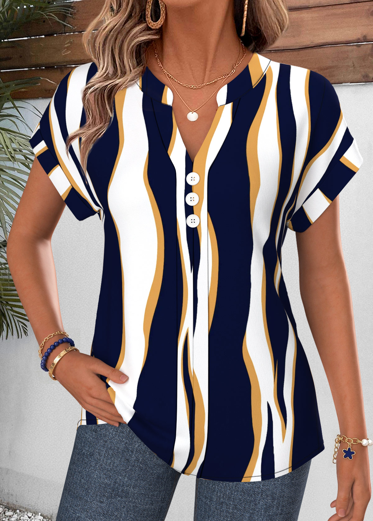 Navy Geometric Print Curved Hem Short Sleeve Blouse | picture 