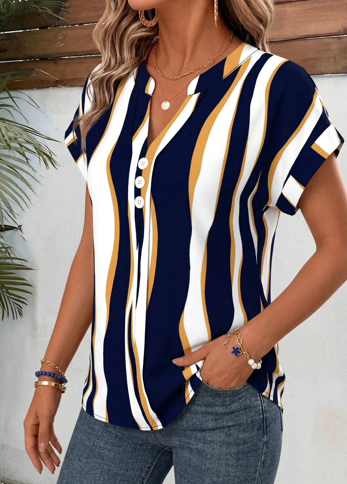Navy Geometric Print Curved Hem Short Sleeve Blouse | picture 