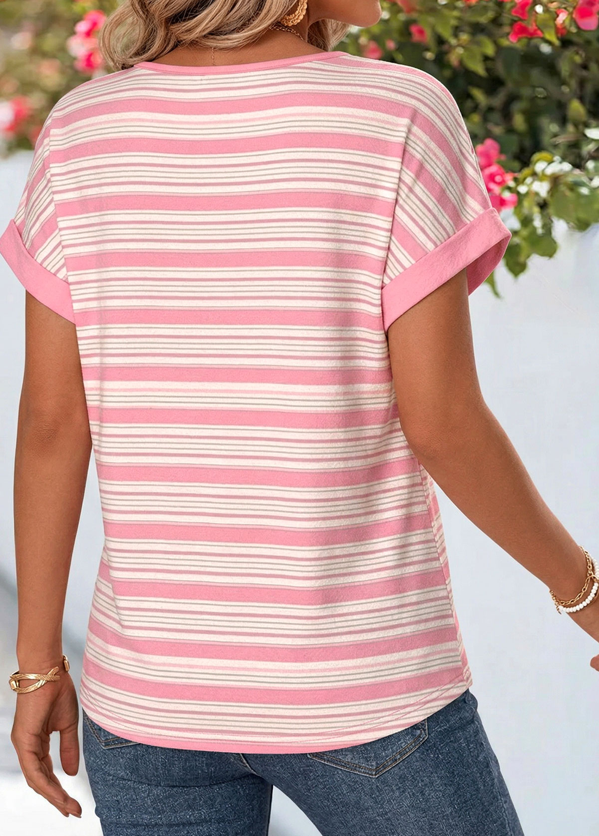 Pink Striped Button Short Sleeve Boat Neck T Shirt | picture 
