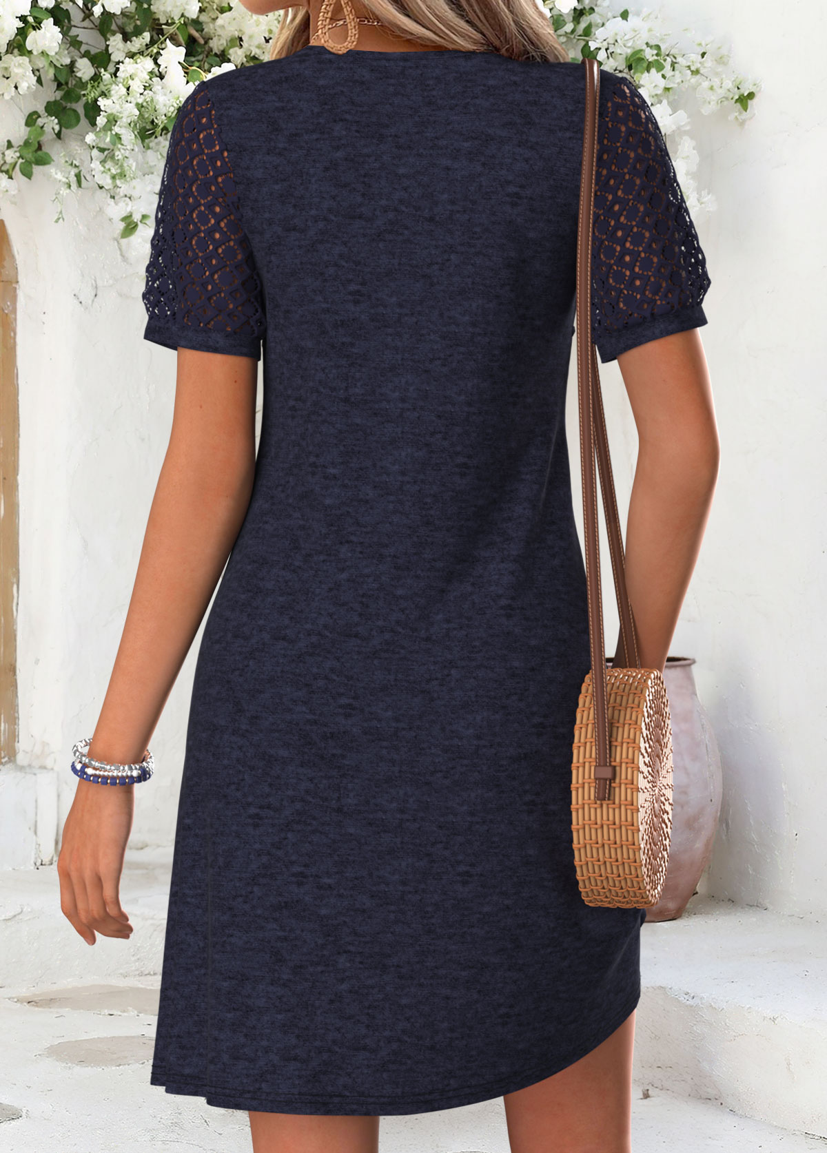 Navy Short Patchwork Round Neck Dress | picture 