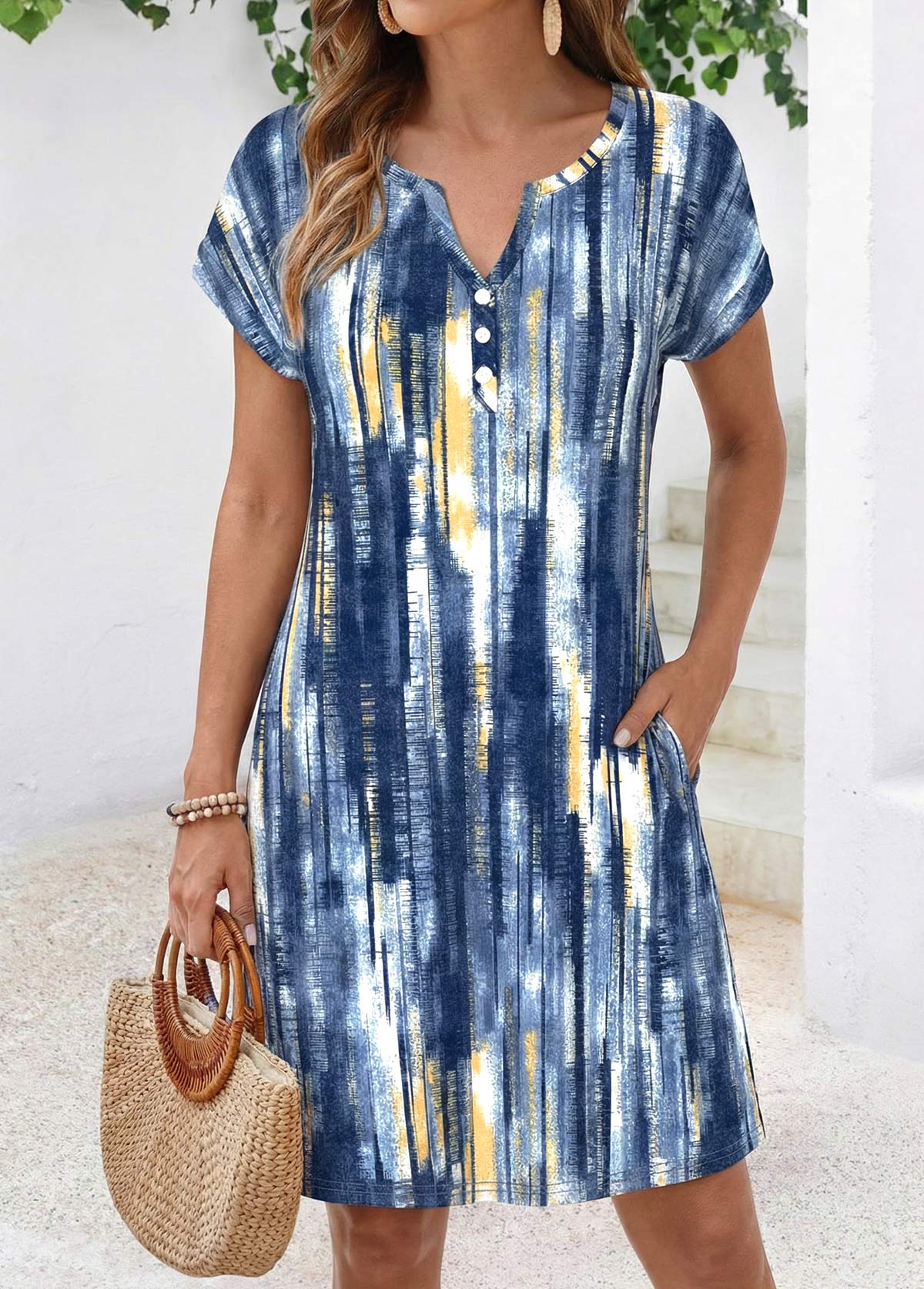 Multi Color Geometric Print Short Tummy Coverage Dress | picture 