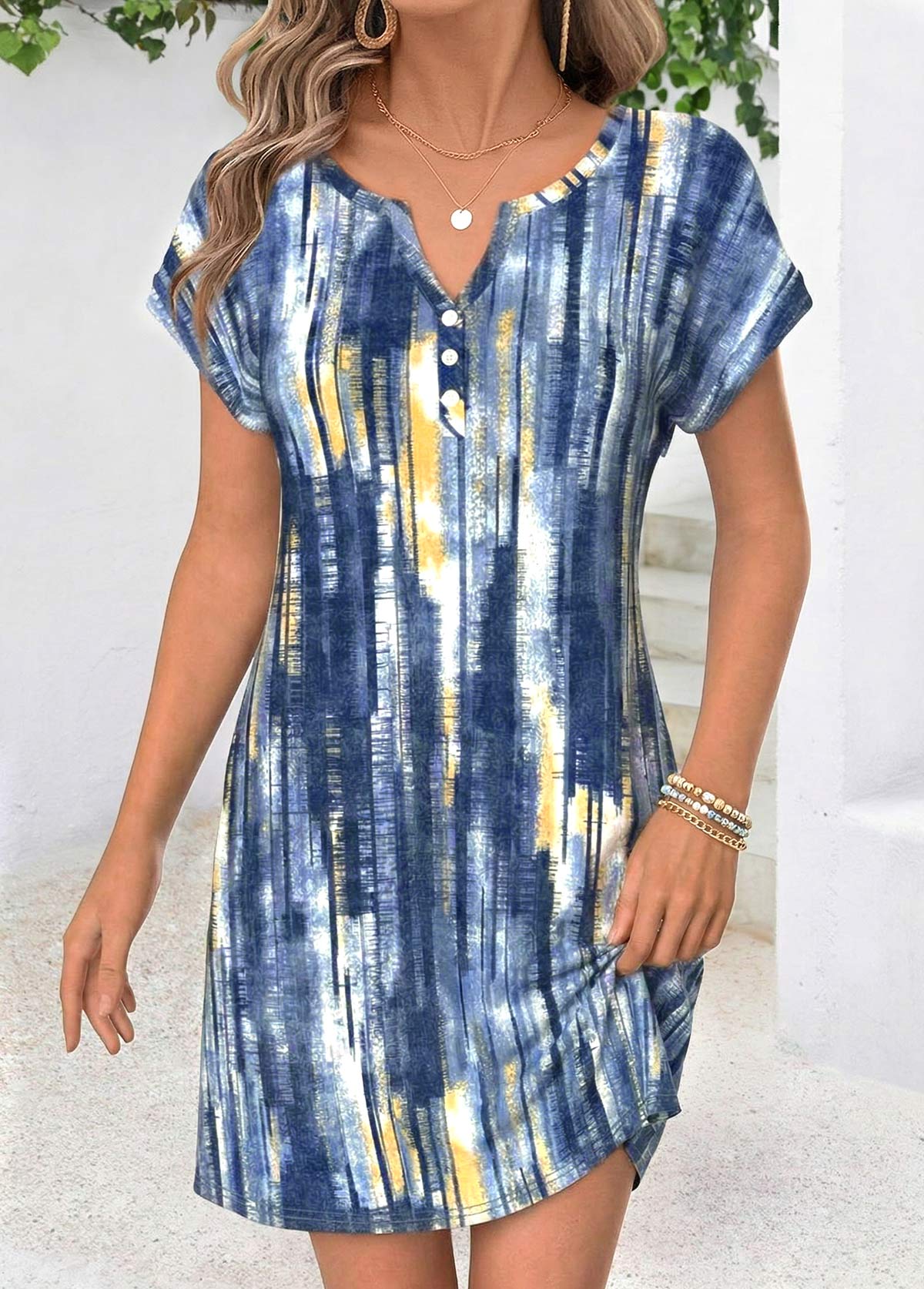 Multi Color Geometric Print Short Tummy Coverage Dress | picture 