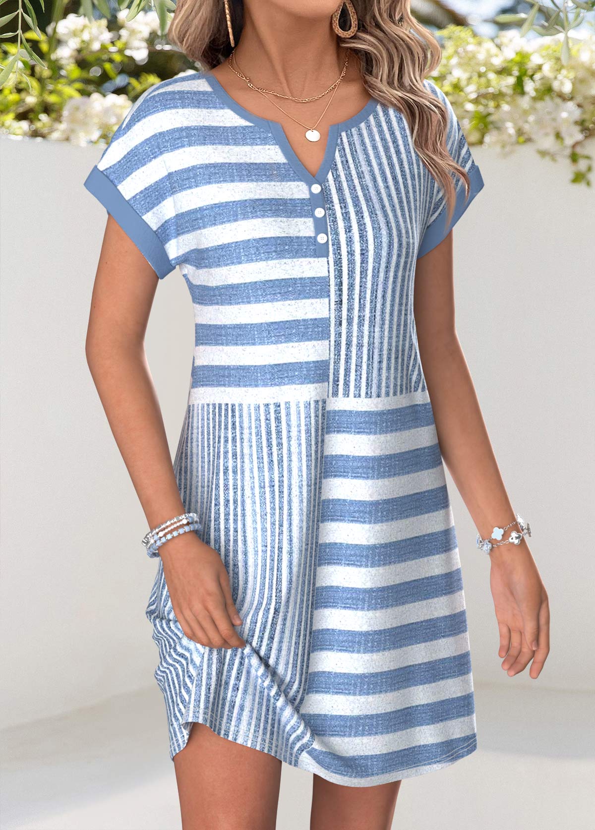 Denim Blue Geometric Print Short Tummy Coverage Dress | picture 