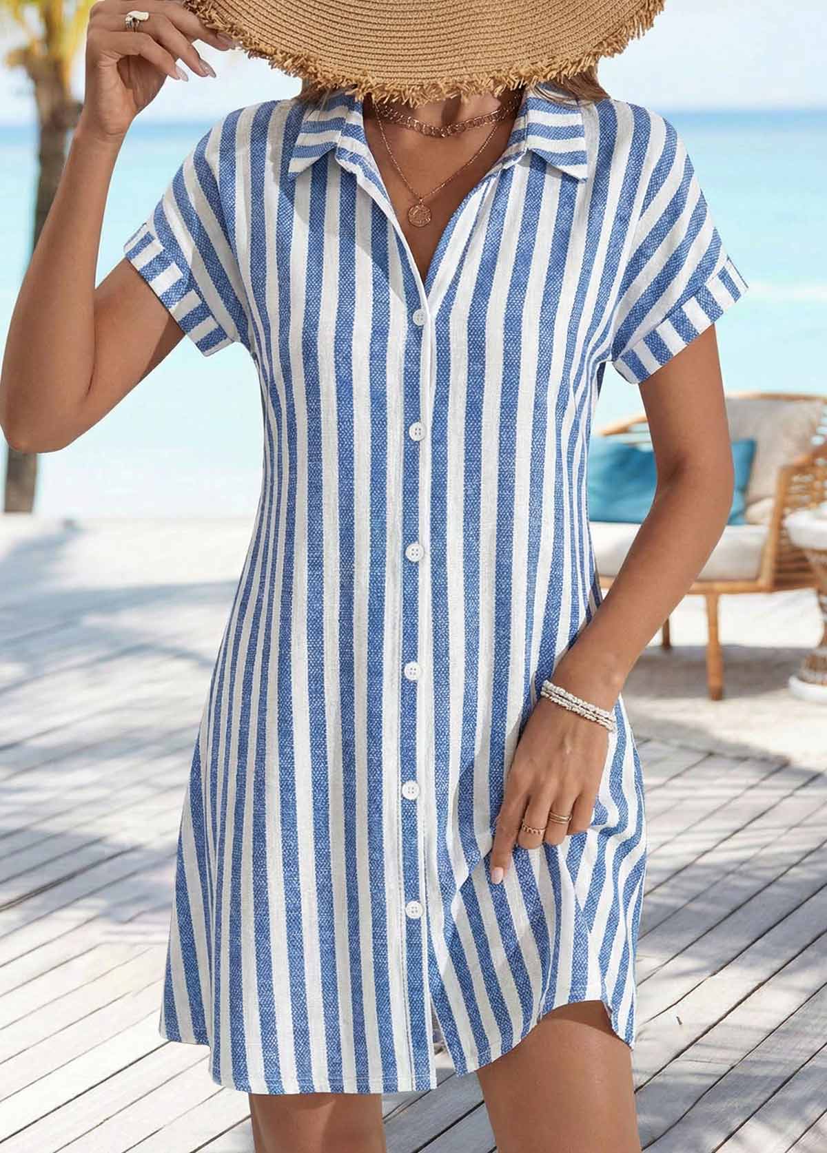 Denim Blue Striped Short Tummy Coverage Shirt Collar Dress | picture 