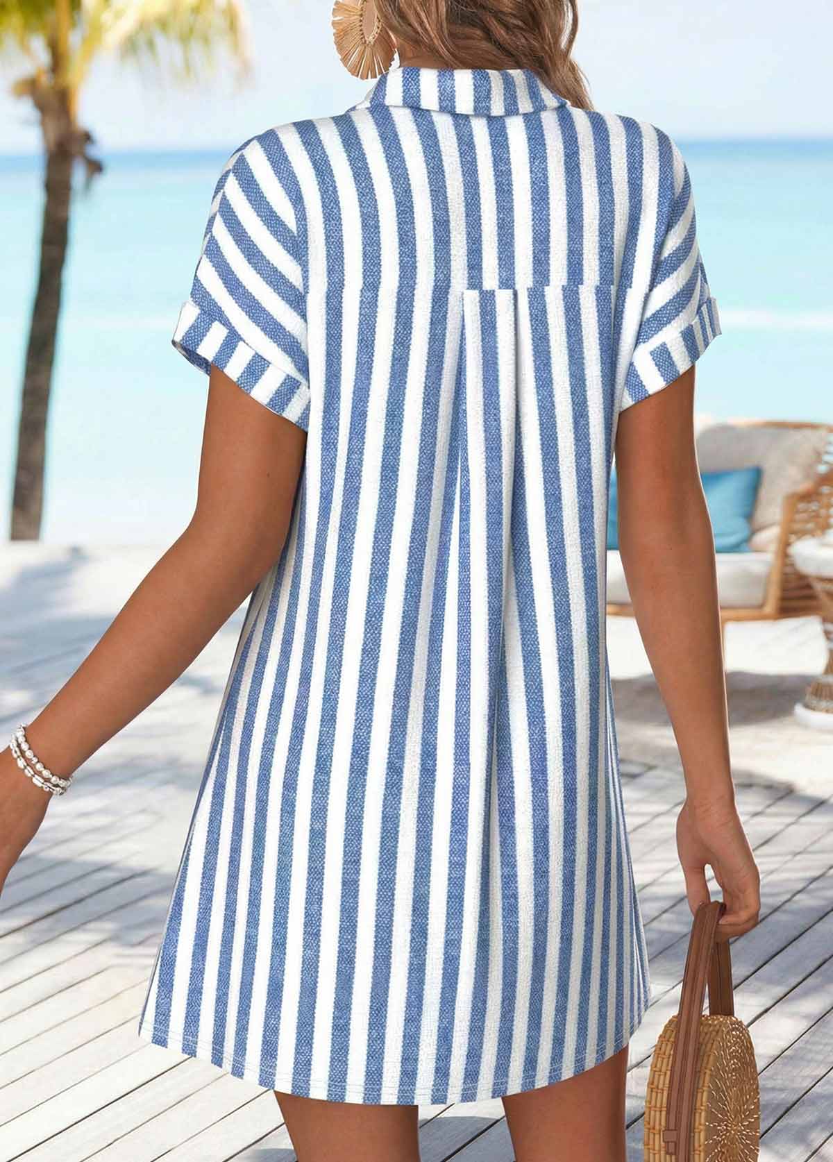 Denim Blue Striped Short Tummy Coverage Shirt Collar Dress | picture 