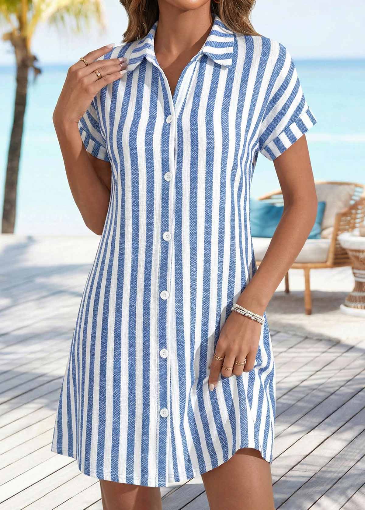 Denim Blue Striped Short Tummy Coverage Shirt Collar Dress | picture 
