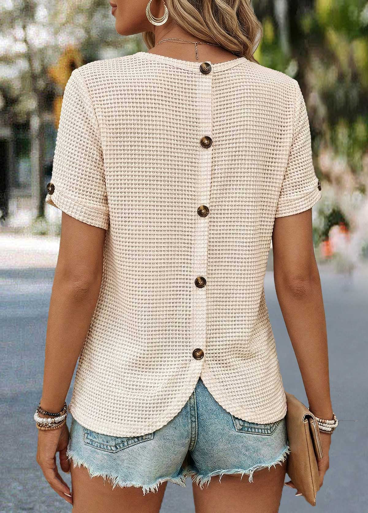 Beige Patchwork Short Sleeve Round Neck T Shirt | picture 