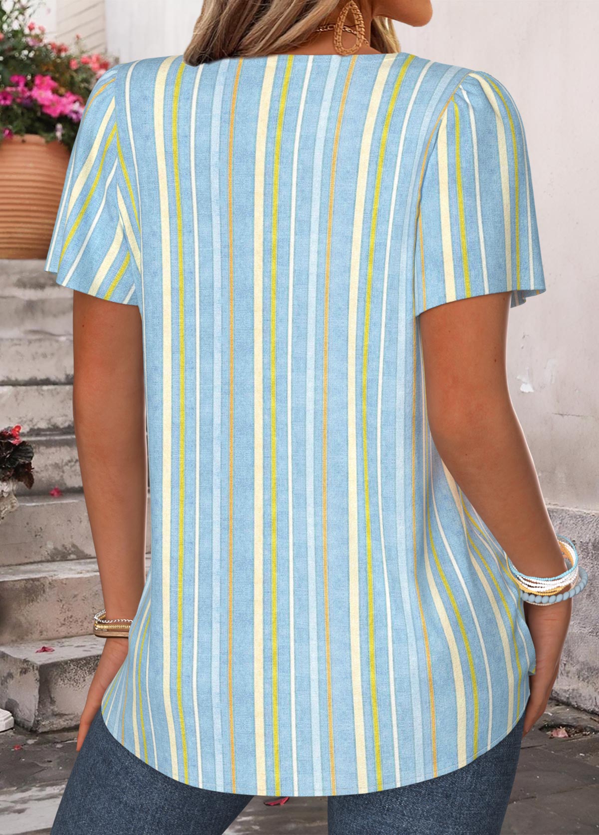 Dusty Blue Striped Pleated Short Sleeve Square Neck Blouse | picture 