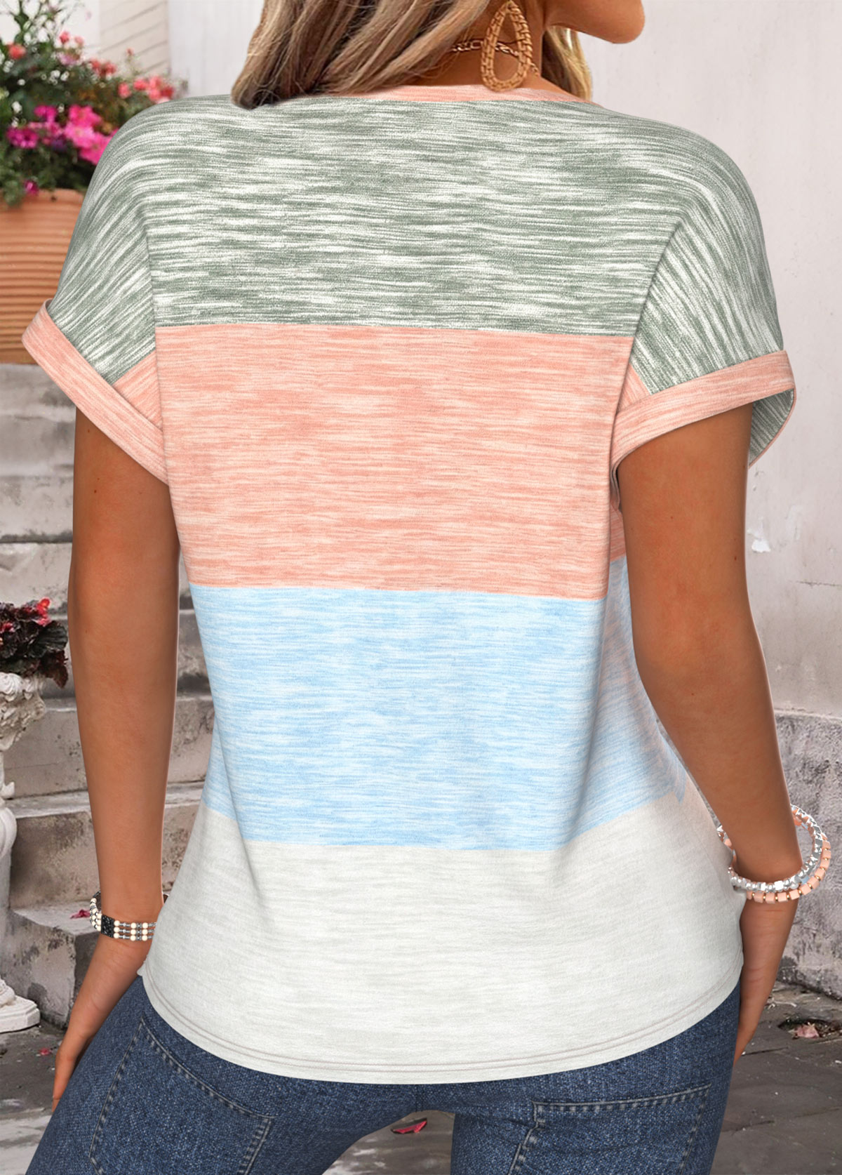 Multi Color Striped Tummy Coverage Short Sleeve T Shirt | picture 