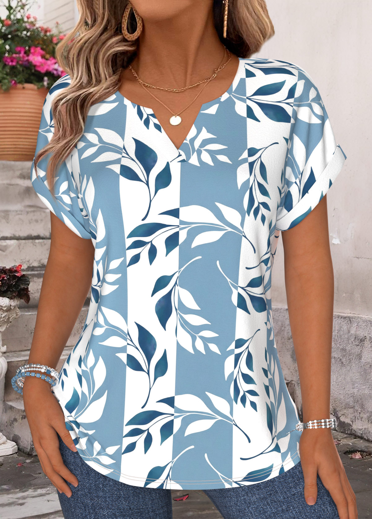 Blue Floral Print Tummy Coverage Short Sleeve T Shirt | picture 
