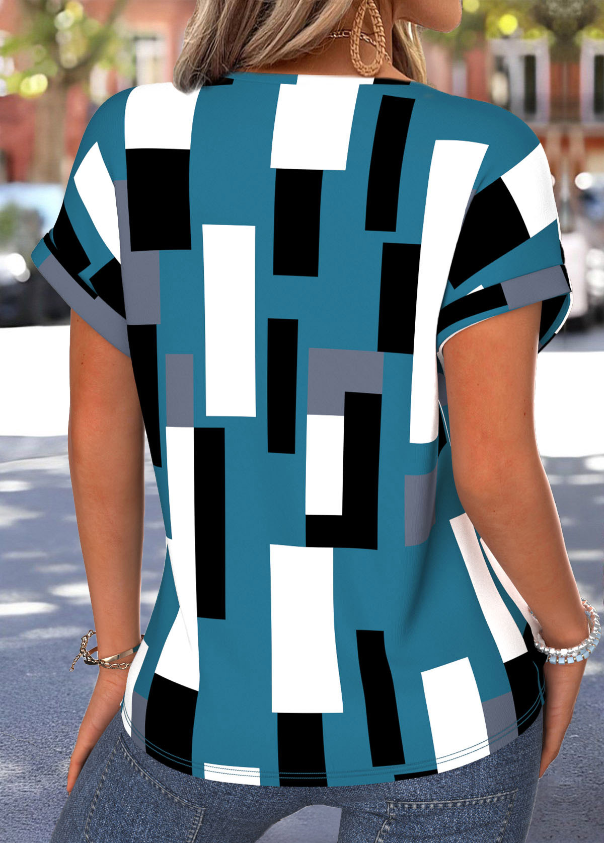 Peacock Blue Geometric Print Tummy Coverage T Shirt | picture 