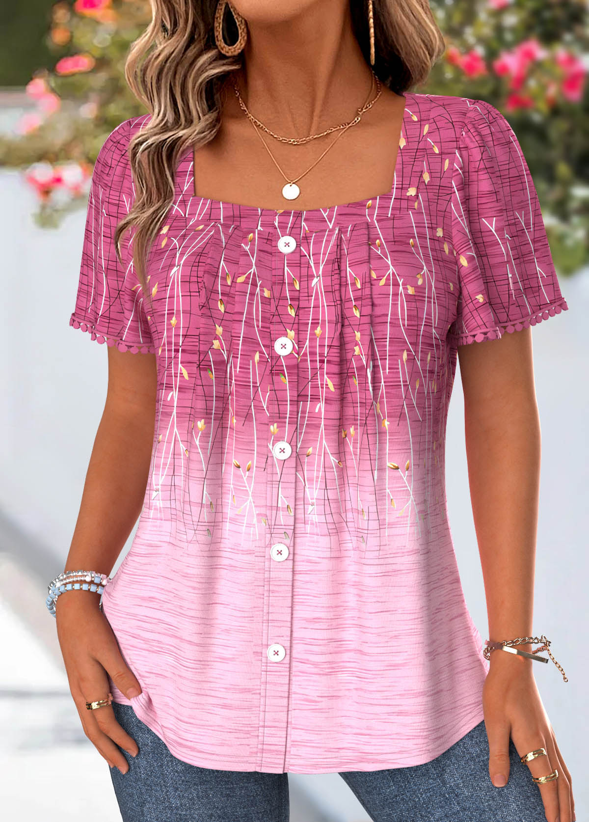 Pink Ombre Tummy Coverage Short Sleeve Square Neck Blouse | picture 