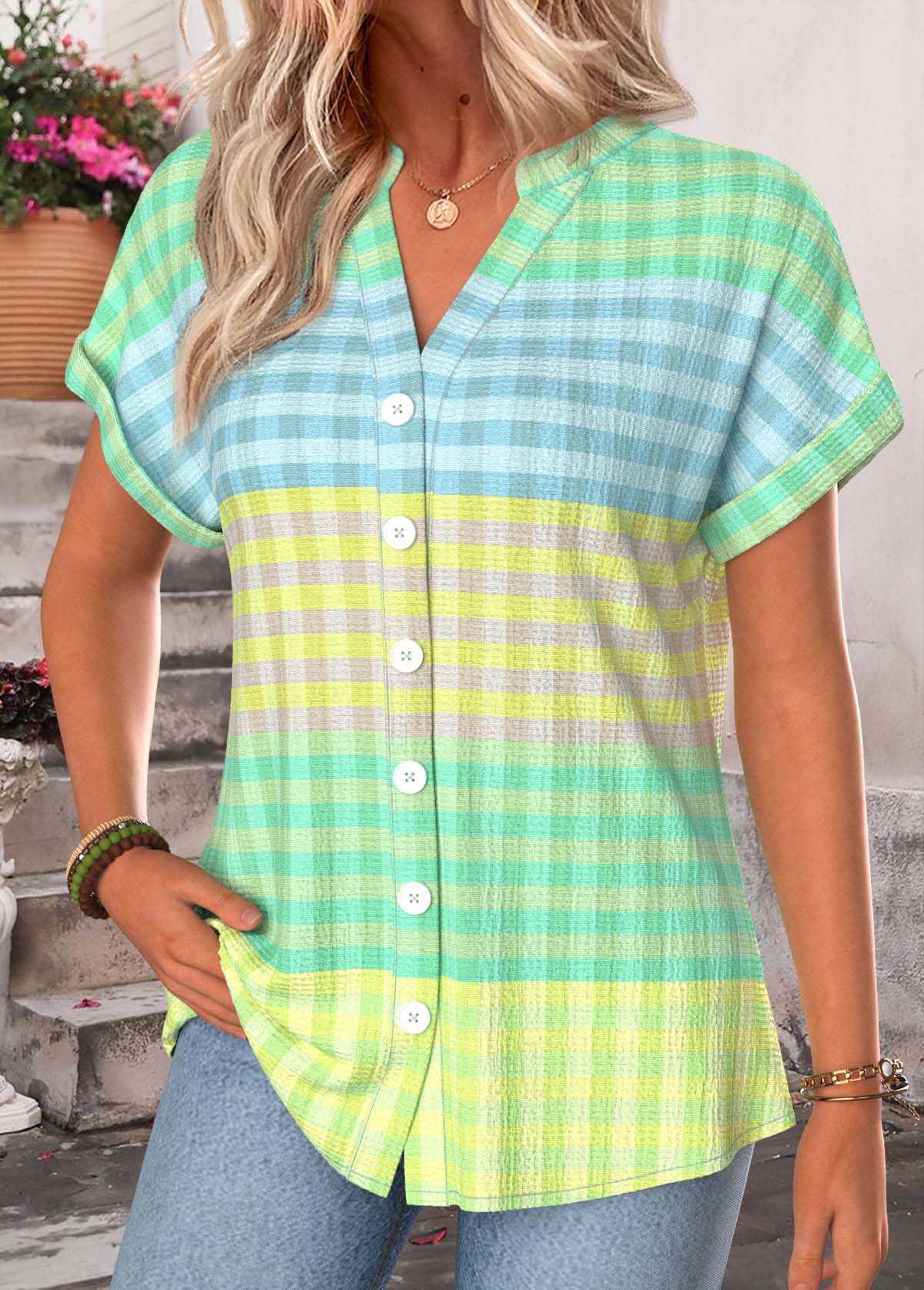 Green Plaid Button Short Sleeve Split Neck Blouse | picture 