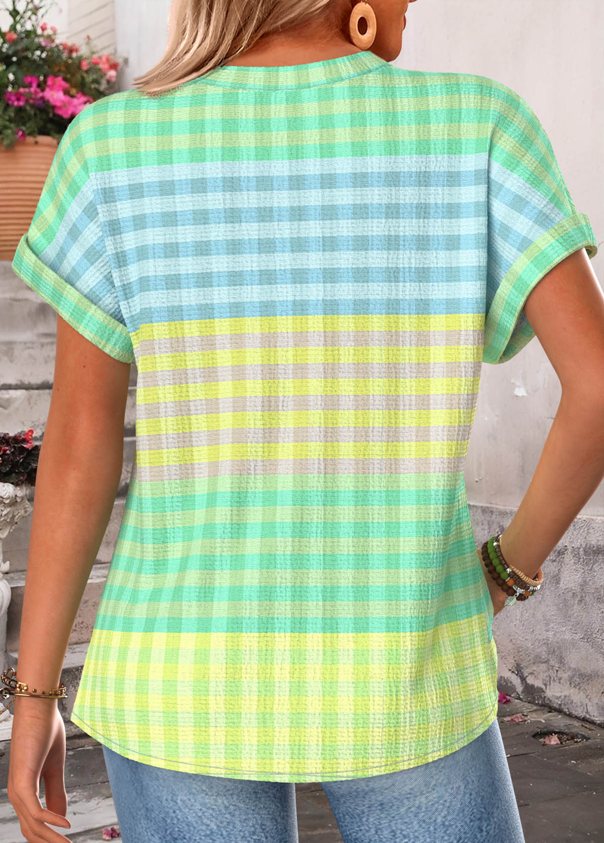 Green Plaid Button Short Sleeve Split Neck Blouse | picture 