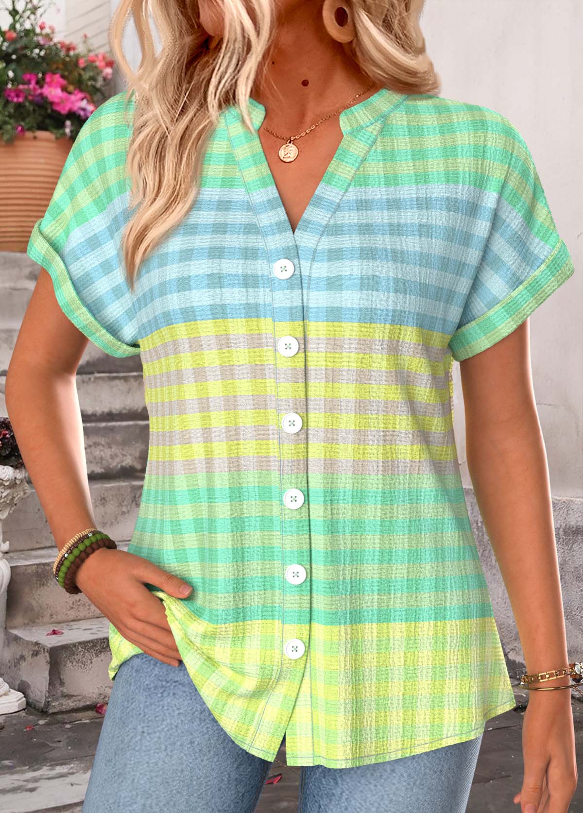 Green Plaid Button Short Sleeve Split Neck Blouse | picture 