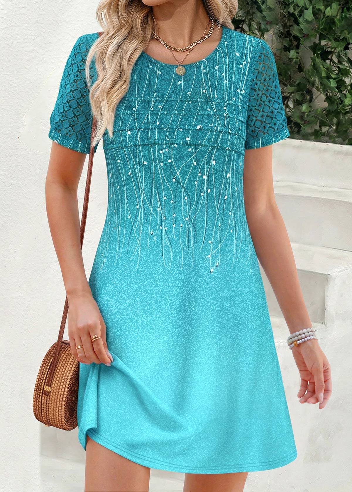 Cyan Ombre Short Patchwork Sleeveless Round Neck Dress | picture 