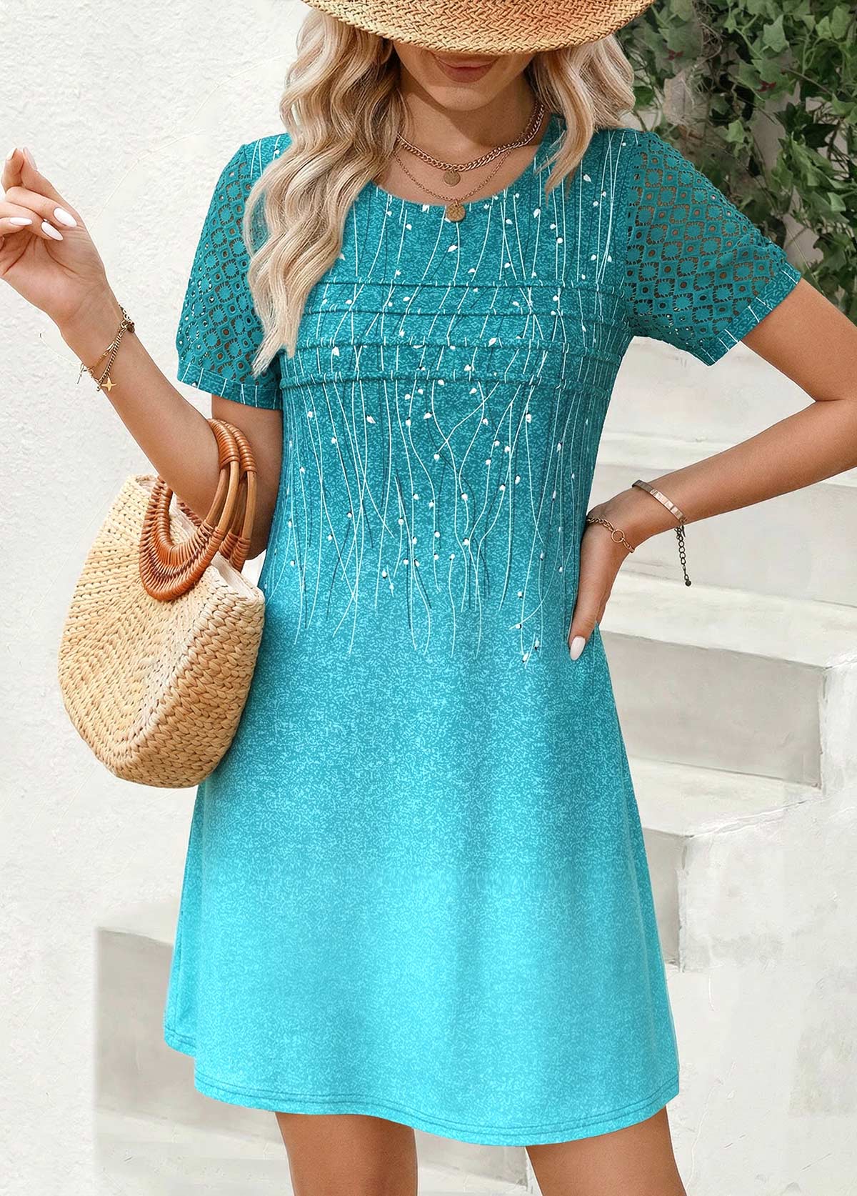 Cyan Ombre Short Patchwork Sleeveless Round Neck Dress | picture 