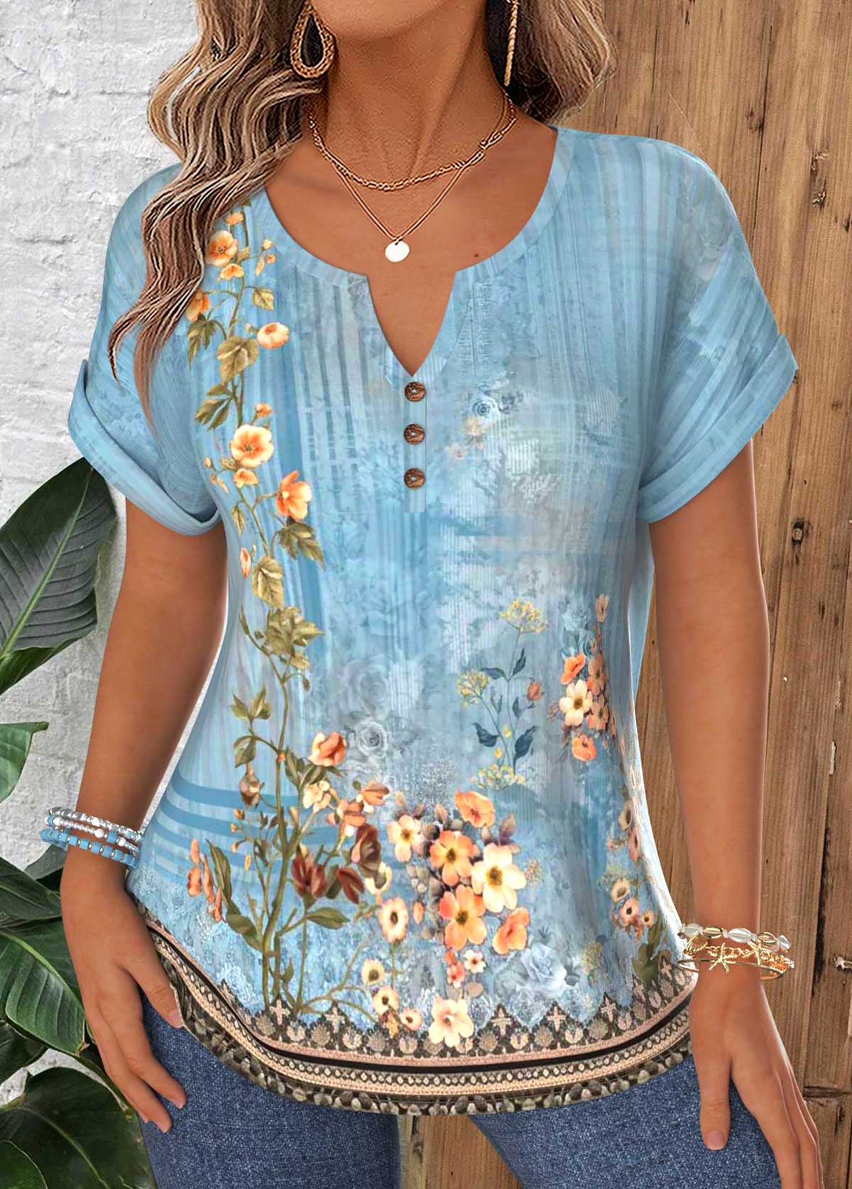Dusty Blue Random Floral Print Tummy Coverage Blouse | picture 