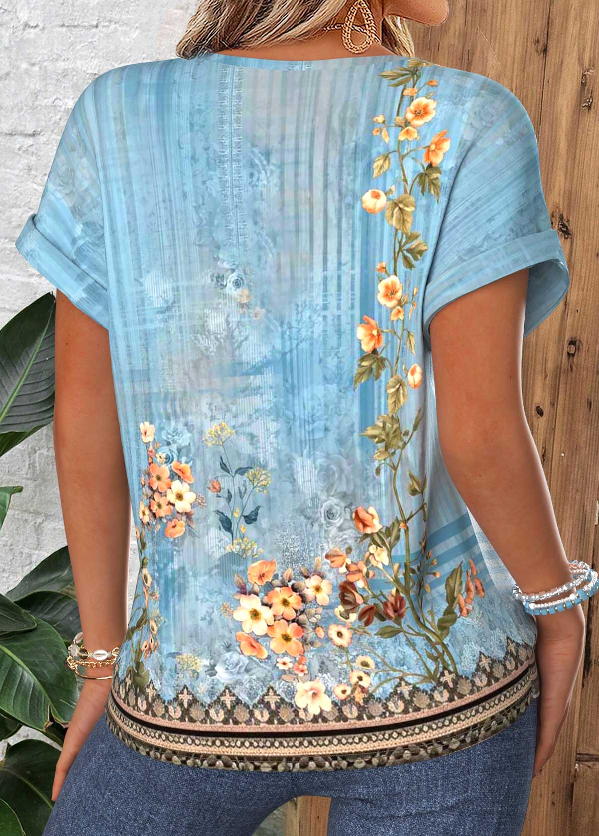 Dusty Blue Random Floral Print Tummy Coverage Blouse | picture 