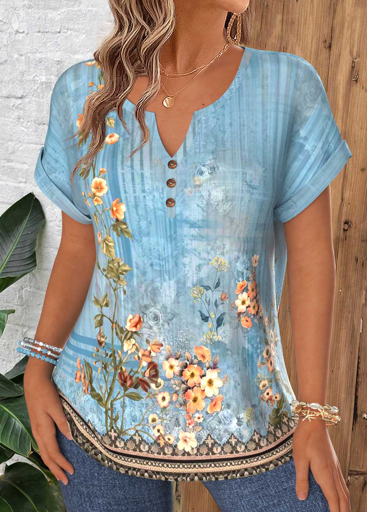 Dusty Blue Random Floral Print Tummy Coverage Blouse | picture 