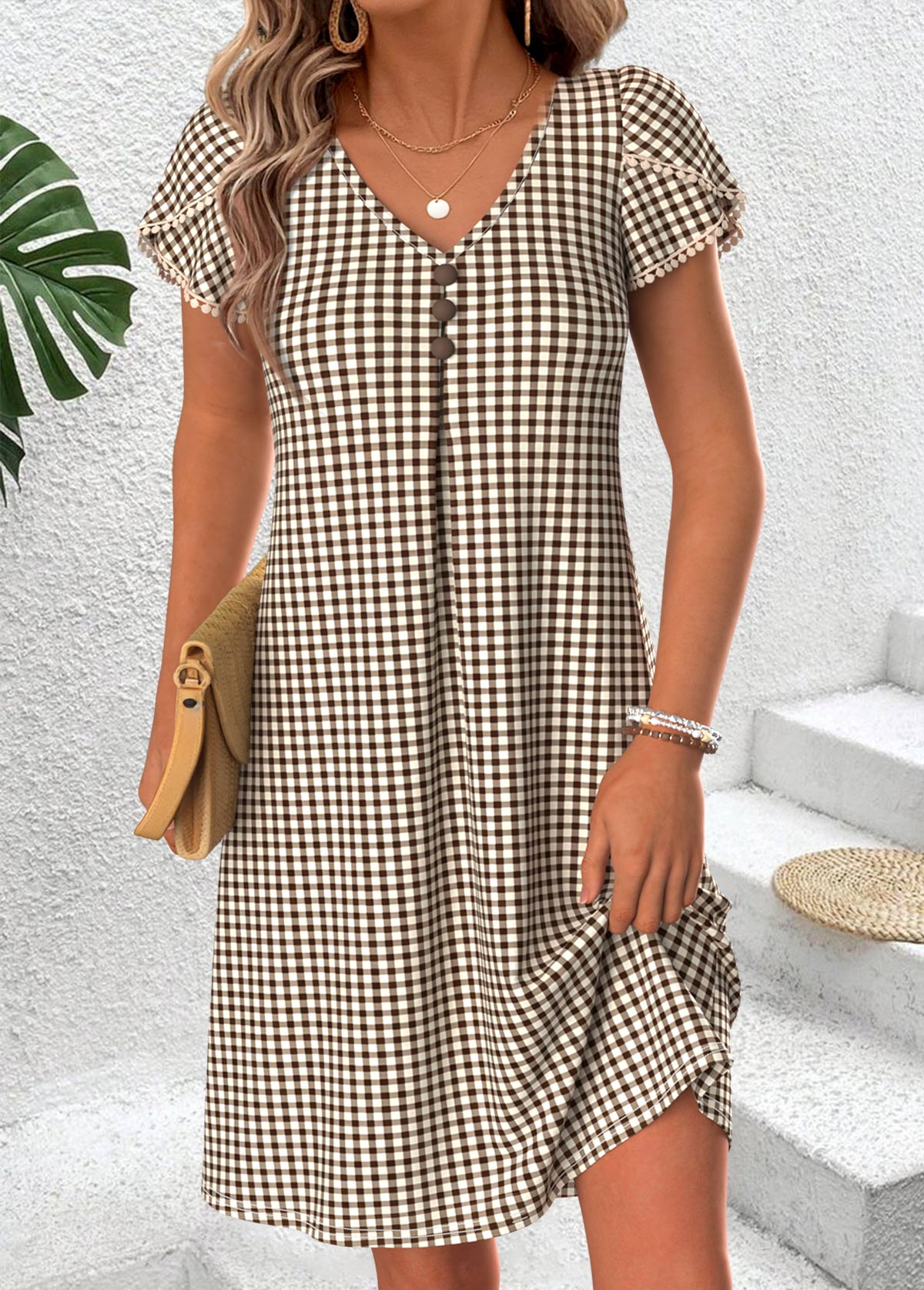 Light Coffee Plaid Short Tummy Coverage V Neck Dress | picture 