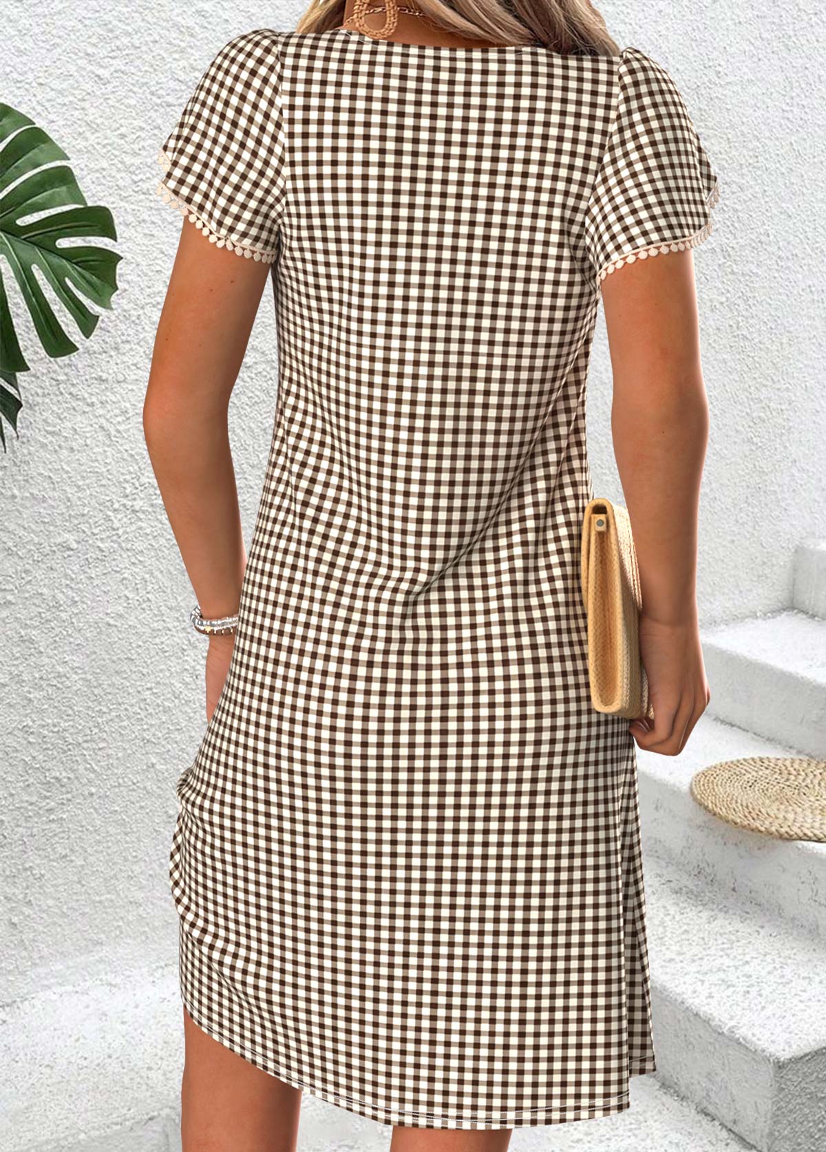 Light Coffee Plaid Short Tummy Coverage V Neck Dress | picture 