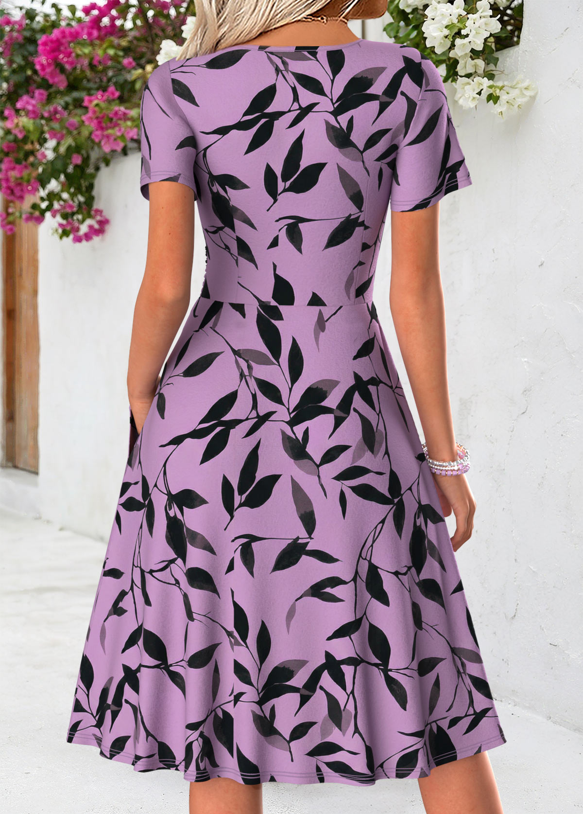 Dark Purple Leaf Print Short Double Side Pockets Dress | picture 