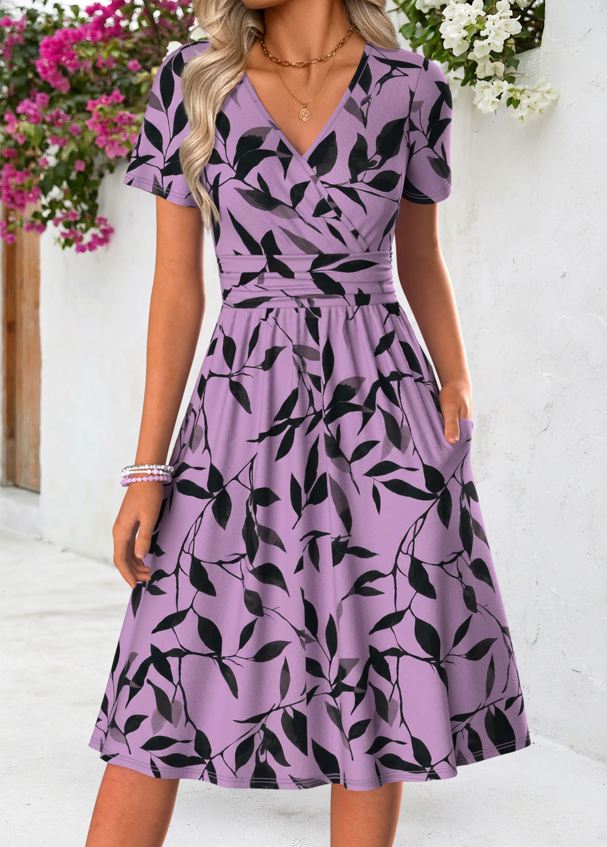 Dark Purple Leaf Print Short Double Side Pockets Dress | picture 