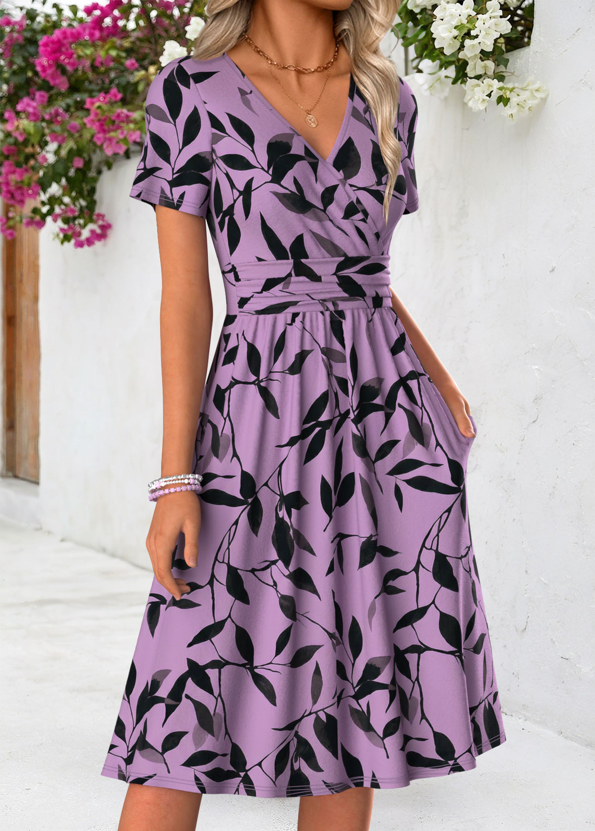 Dark Purple Leaf Print Short Double Side Pockets Dress | picture 